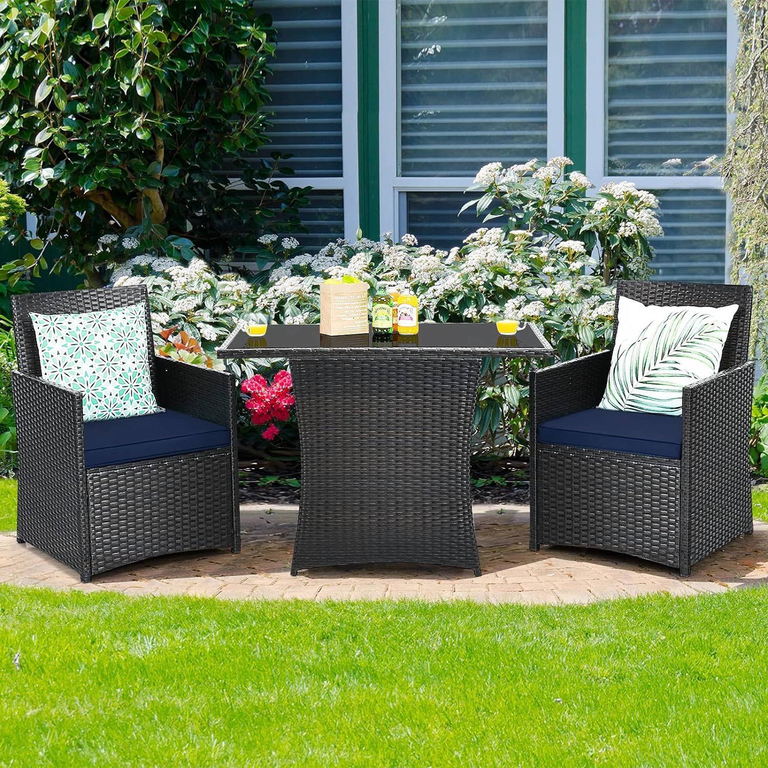Left. Hivvago - 3-Piece Patio Furniture Outdoor Dining Set Brown PE Rattan Navy Blue Cushions - Navy Blue, Brown.