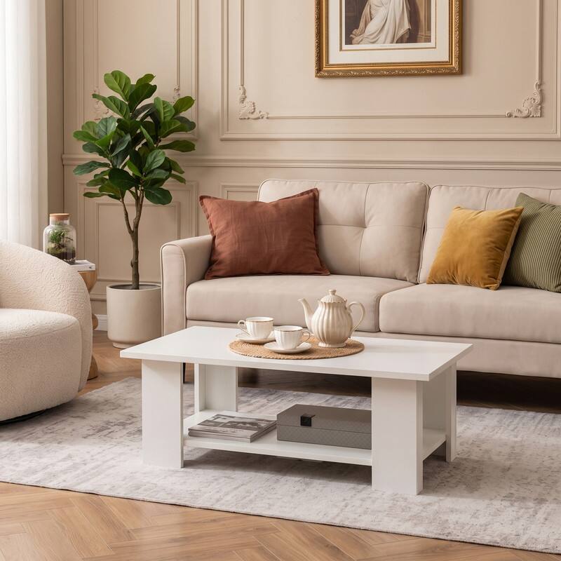 Angle. WELLFOR - 41" 2-tier Wooden Modern Coffee Table with Storage Shelf, Rectangle Accent Center Table for Living Room - White.
