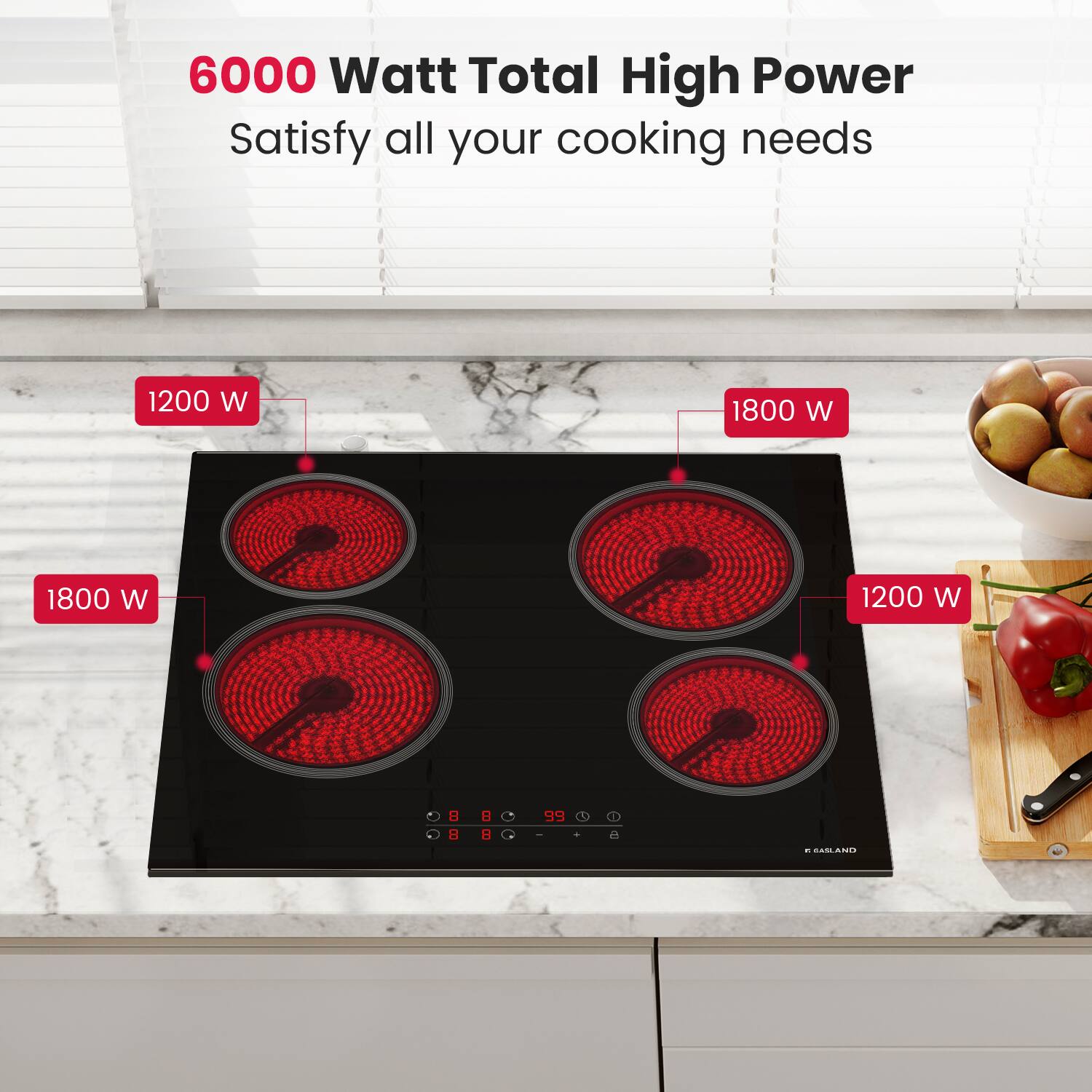 6000 Watt Total High Power Satisfy all your cooking needs
1200 W
1800 W
1800 W
1200 W