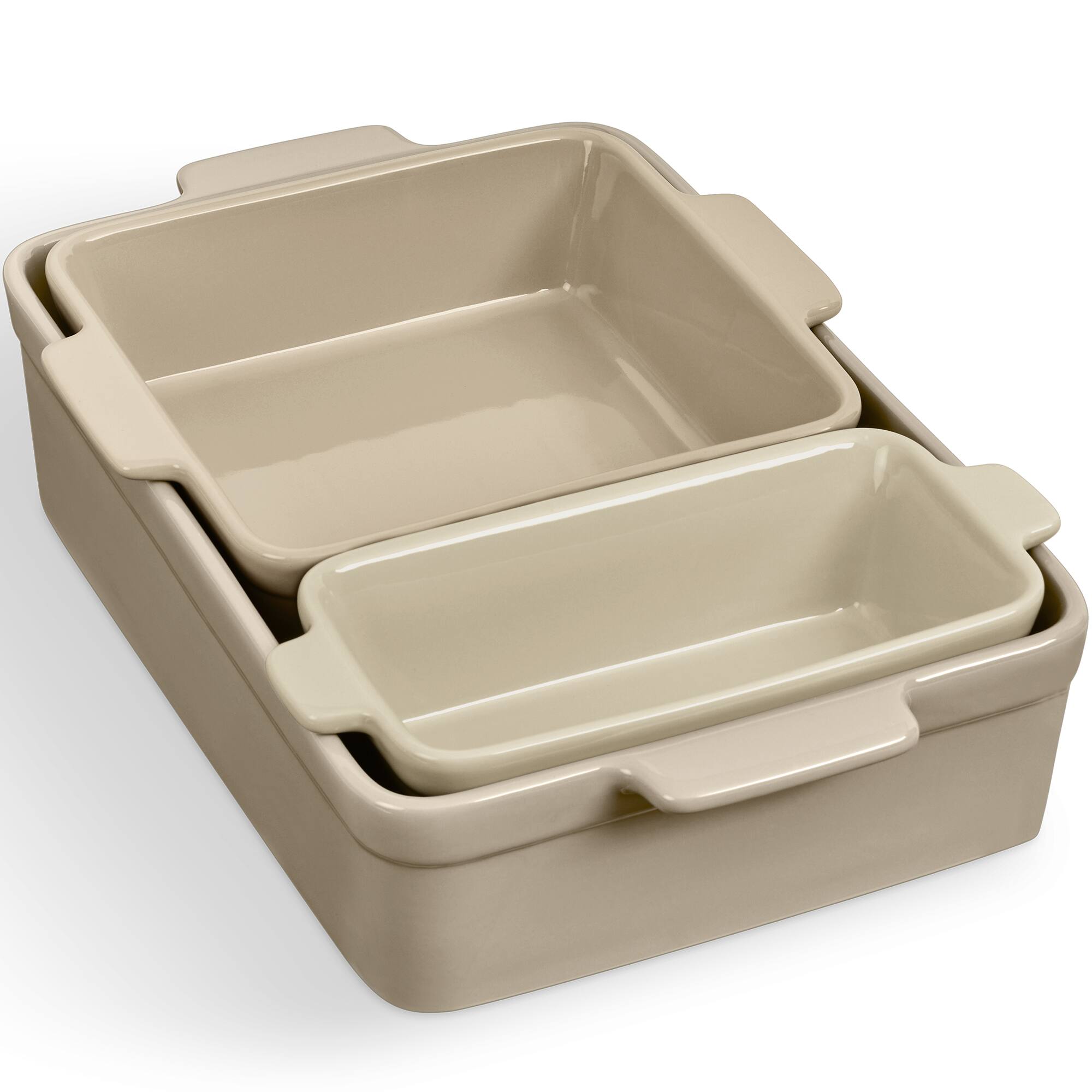 Front. Best Choice Products - Best Choice Products Ceramic Bakeware Set of 3 Casserole, Loaf, and Square Dishes w/ Handles - Mushroom Beige - Mushroom Beige.