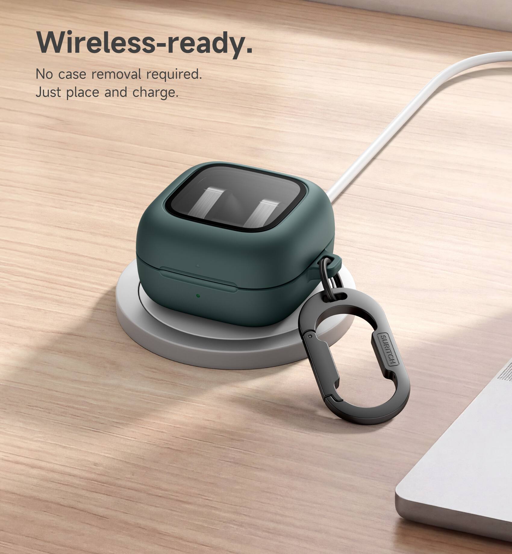 Wireless-ready.  
No case removal required.  
Just place and charge.
