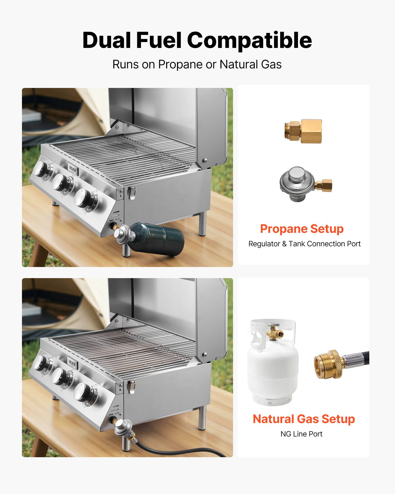 Dual Fuel Compatible  
Runs on Propane or Natural Gas  

Propane Setup  
Regulator & Tank Connection Port  

Natural Gas Setup  
NG Line Port
