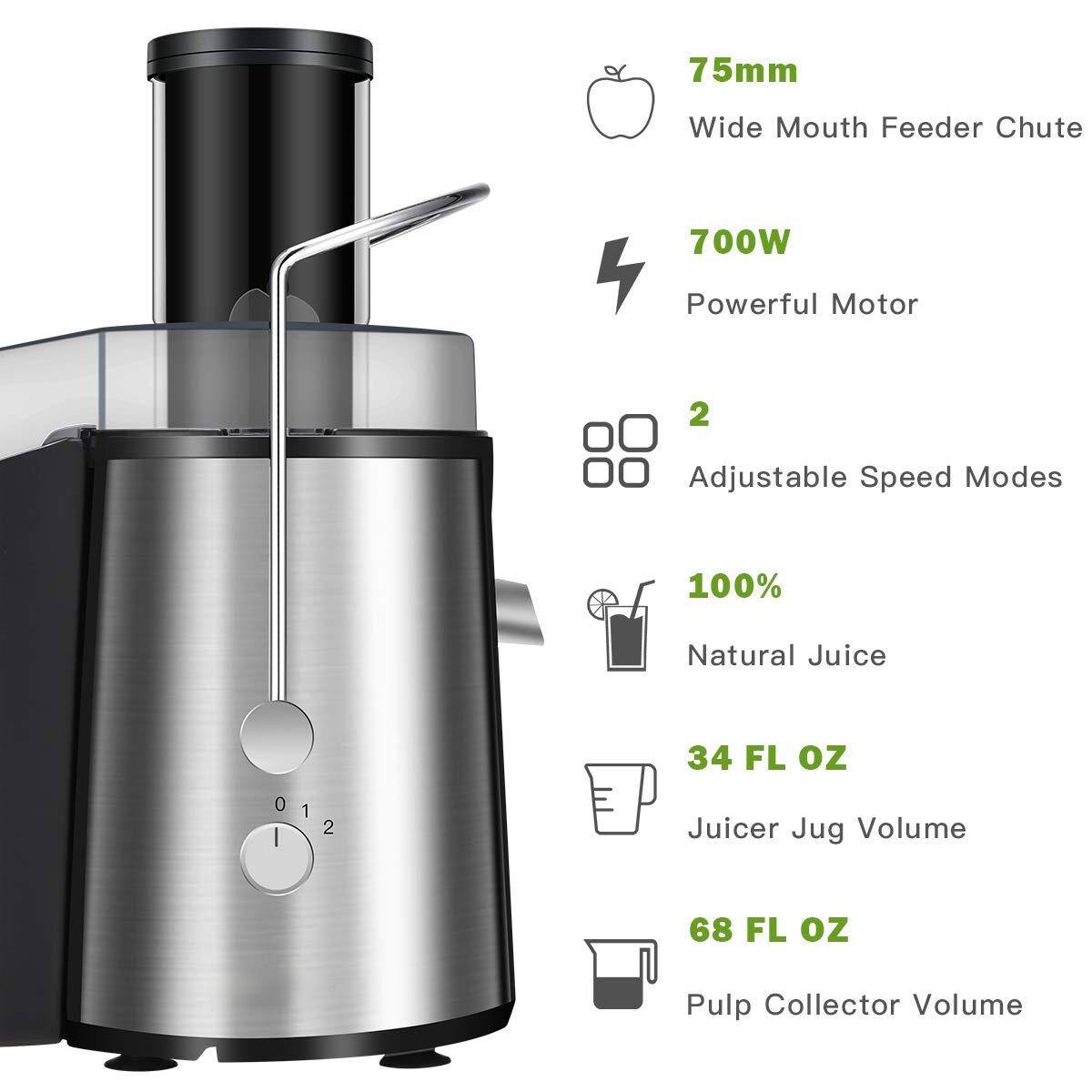 - 75mm Wide Mouth Feeder Chute
- 700W Powerful Motor
- 2 Adjustable Speed Modes
- 100% Natural Juice
- 34 FL OZ Juicer Jug Volume
- 68 FL OZ Pulp Collector Volume