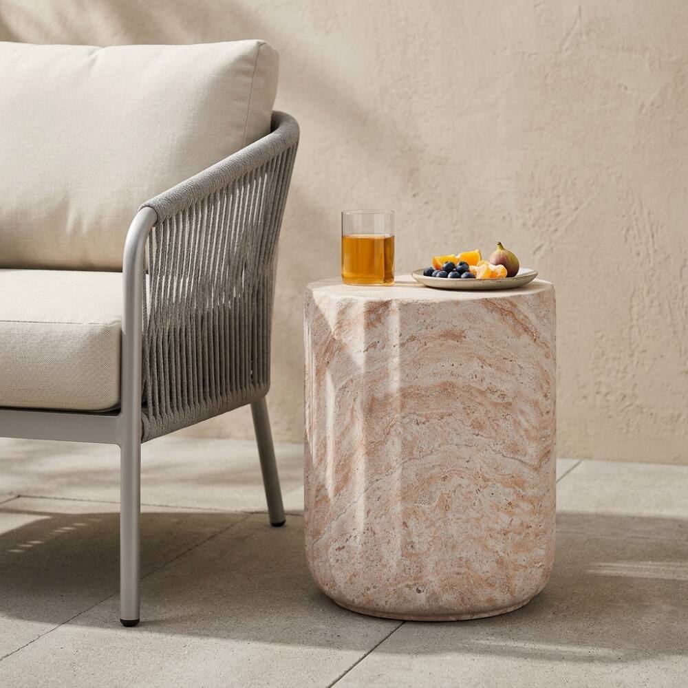 Angle. Loheer - Loheer Lightweight Concrete Side Table Travertine Finish Indoor Outdoor Cylinder Accent Table - Travertine.