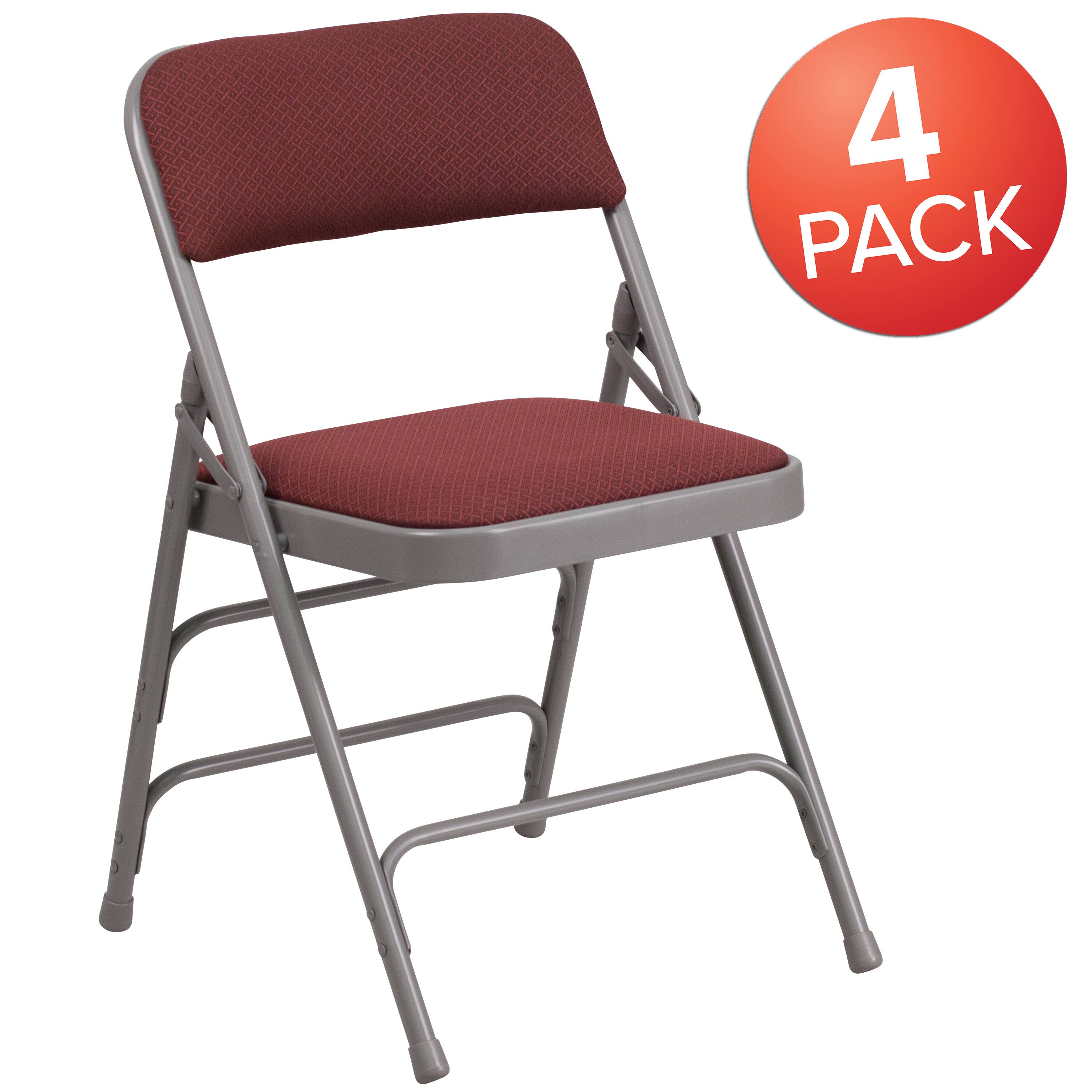 Alt View 1. Emma + Oliver - 4 Pack Curved Triple Braced & Double Hinged Fabric Upholstered Metal Folding Chair - Burgundy Fabric/Grey Frame.