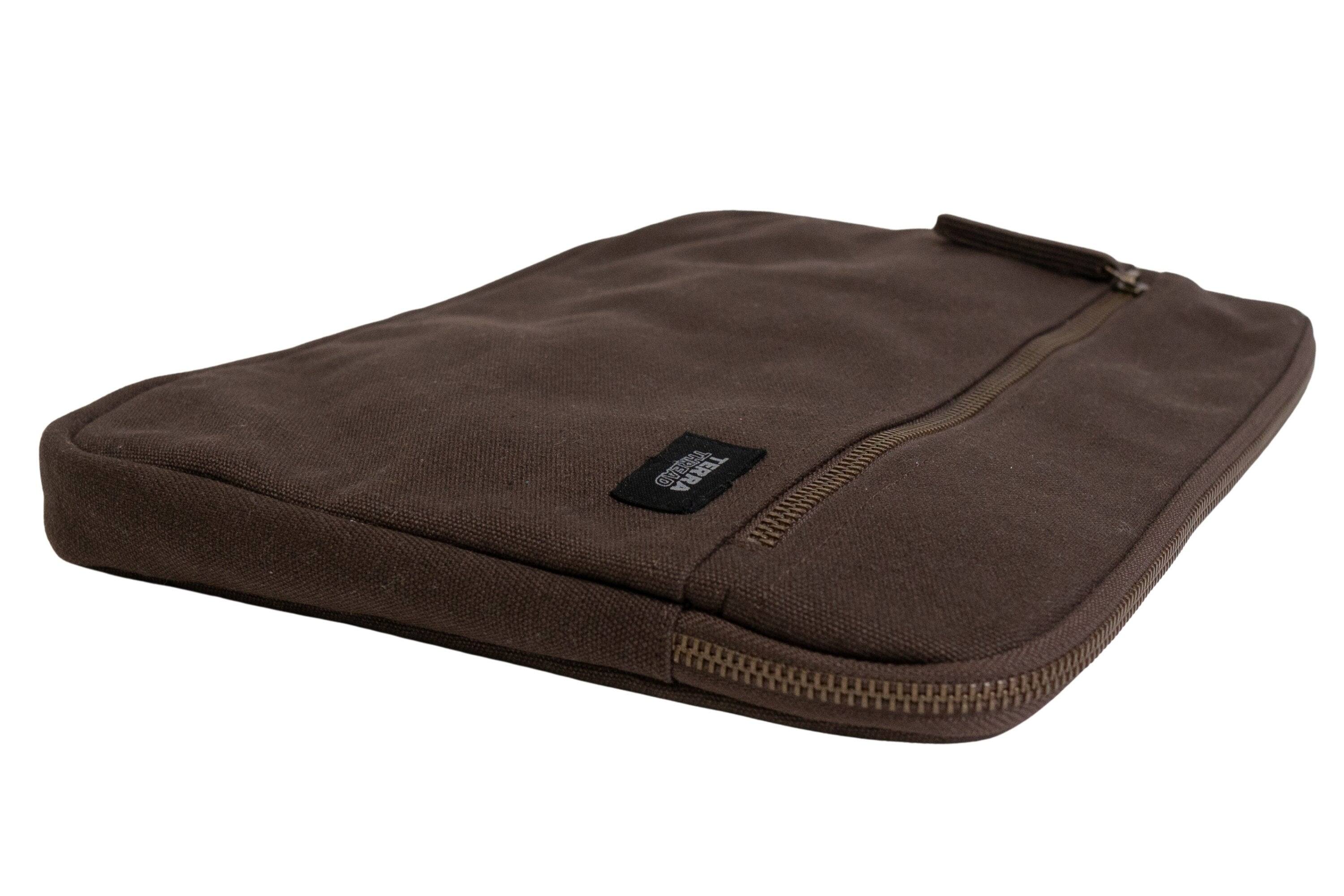 Left. Terra Thread - Organic Cotton Laptop Sleeve 13 inches - Chestnut Brown.