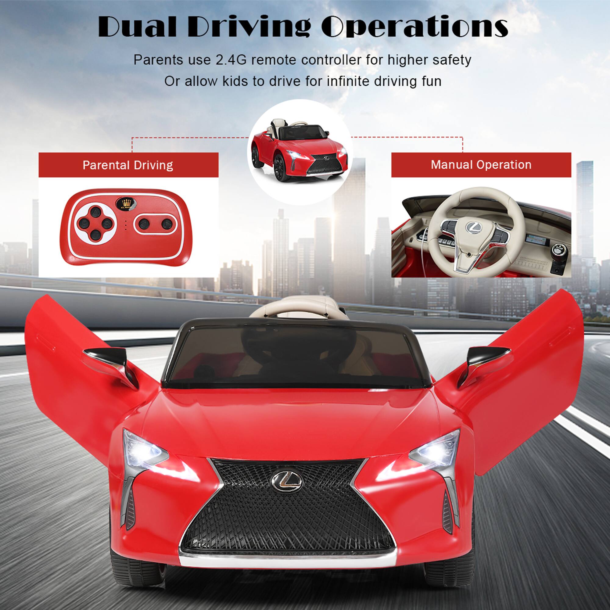 Dual Driving Operations

Parents use 2.4G remote controller for higher safety
Or allow kids to drive for infinite driving fun

Parental Driving
Manual Operation