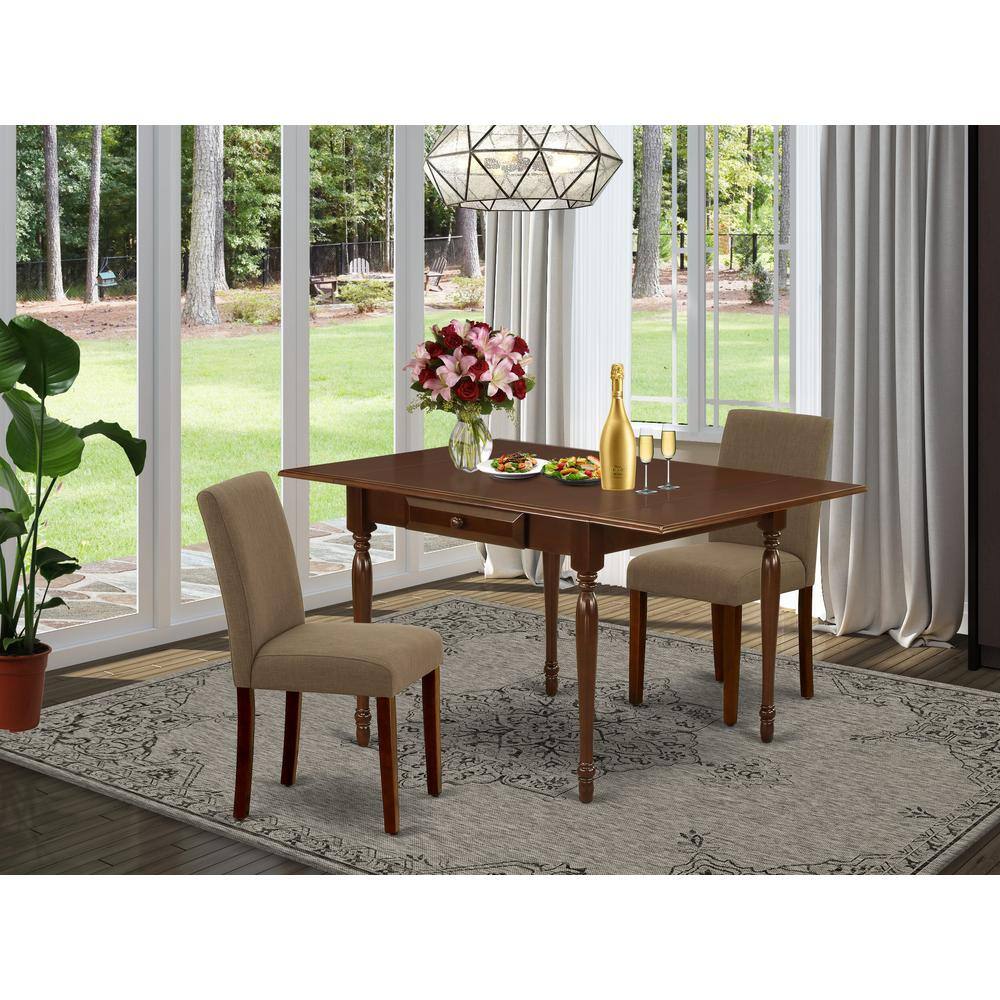 Alt View 4. East West Furniture - 1MZAB3-MAH-18 3Pc Dining Table Set Includes a Dining Table and 2 Parson Chairs with Coffee Color Linen Fabric, Drop - Mahogany.