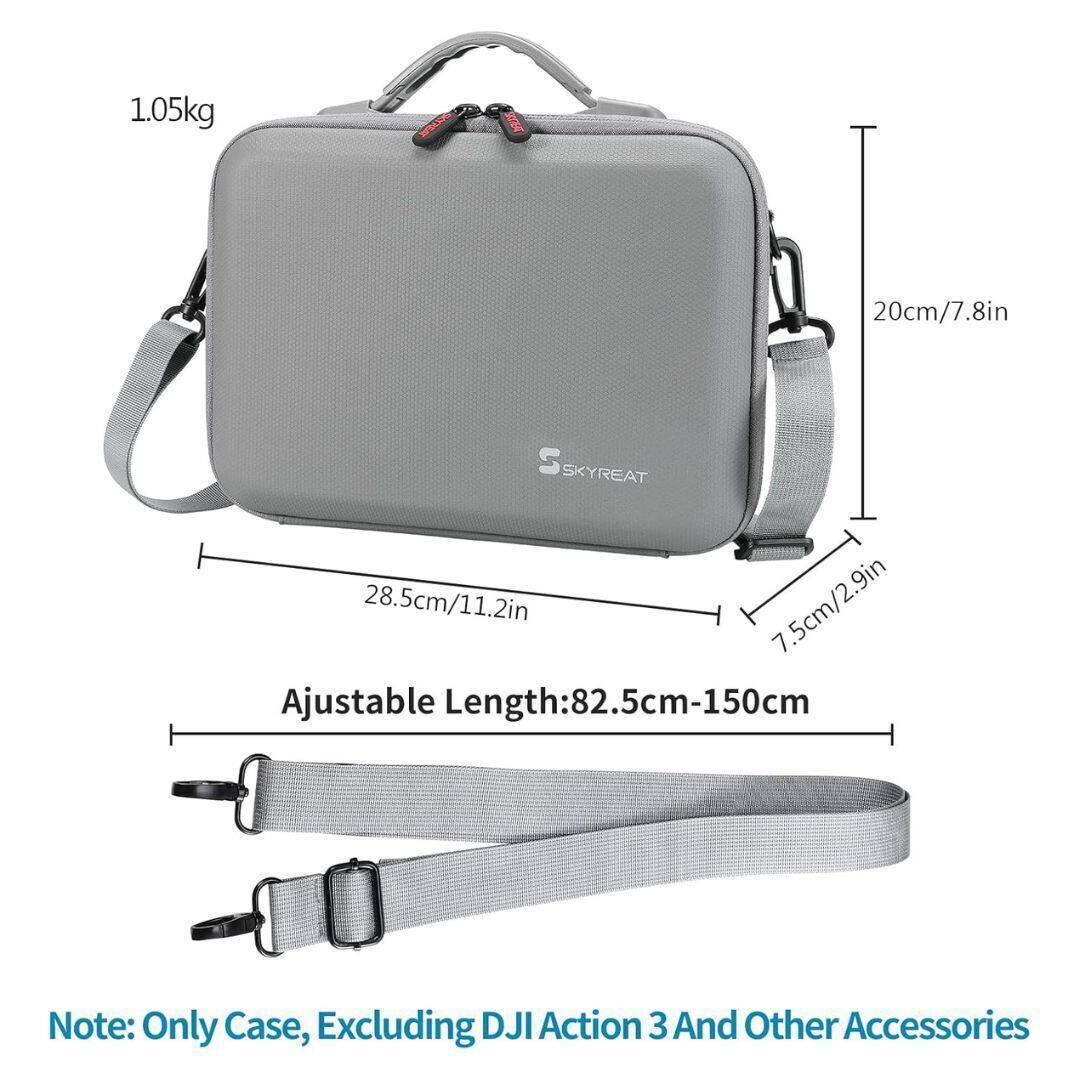 1.05kg  
20cm/7.8in  
28.5cm/11.2in  
7.5cm/2.9in  
Ajustable Length: 82.5cm-150cm  

Note: Only Case, Excluding DJI Action 3 And Other Accessories