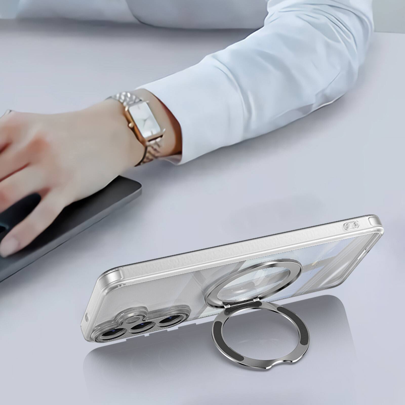 Alt View 4. Dteck - Magnetic Clear Case For Samsung Galaxy S26, Shockproof Anti-Scratch 360° Ring Holder Stand PC+TPU Protection Cover - White.