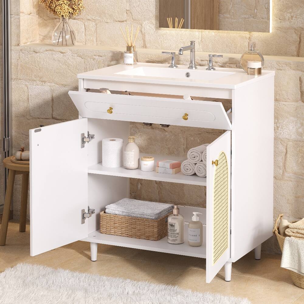 Back. Loheer - Loheer 30 inch bathroom vanity with sink White Rattan Solid Wood Cabinet - White.