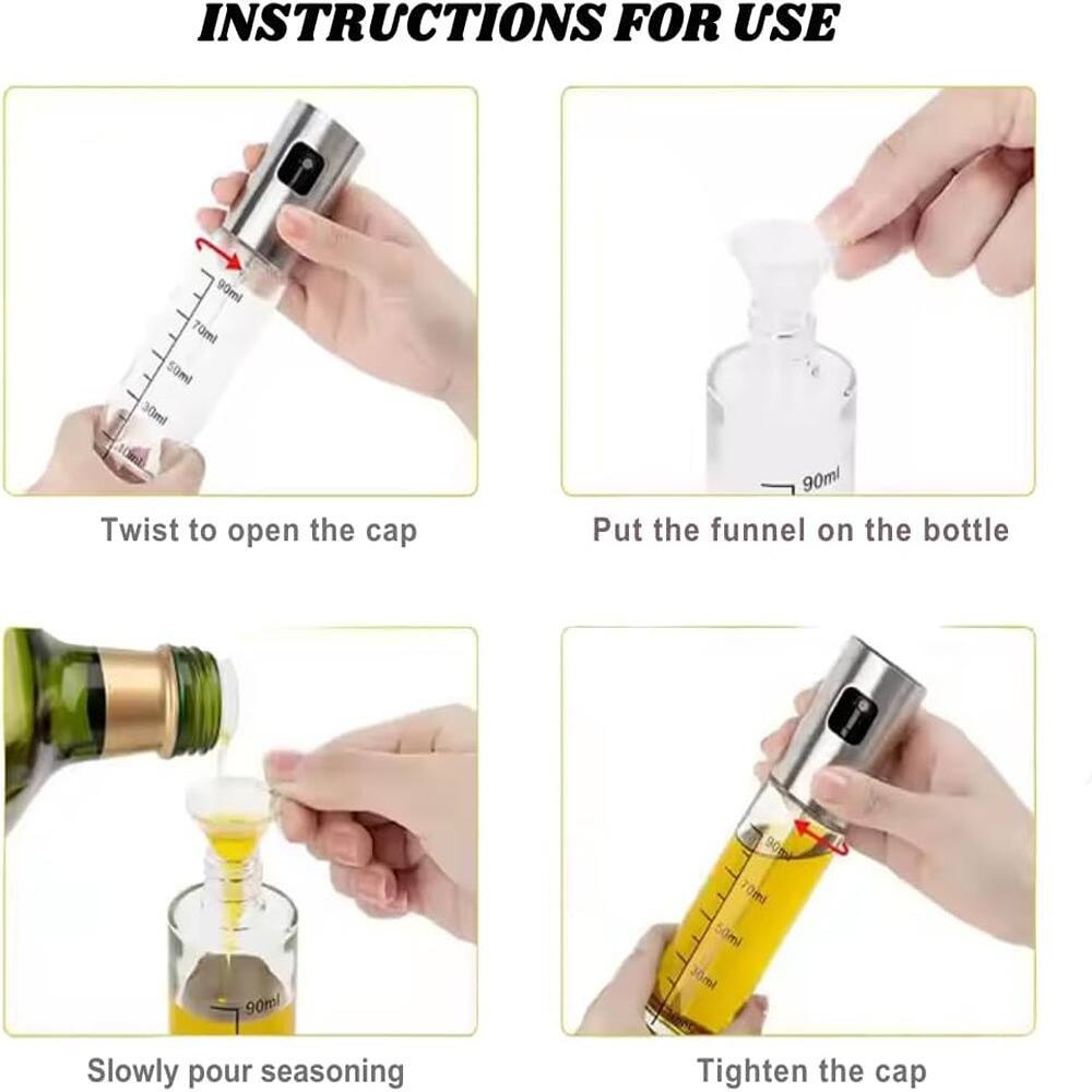 **INSTRUCTIONS FOR USE**

1. Twist to open the cap
2. Put the funnel on the bottle
3. Slowly pour seasoning
4. Tighten the cap