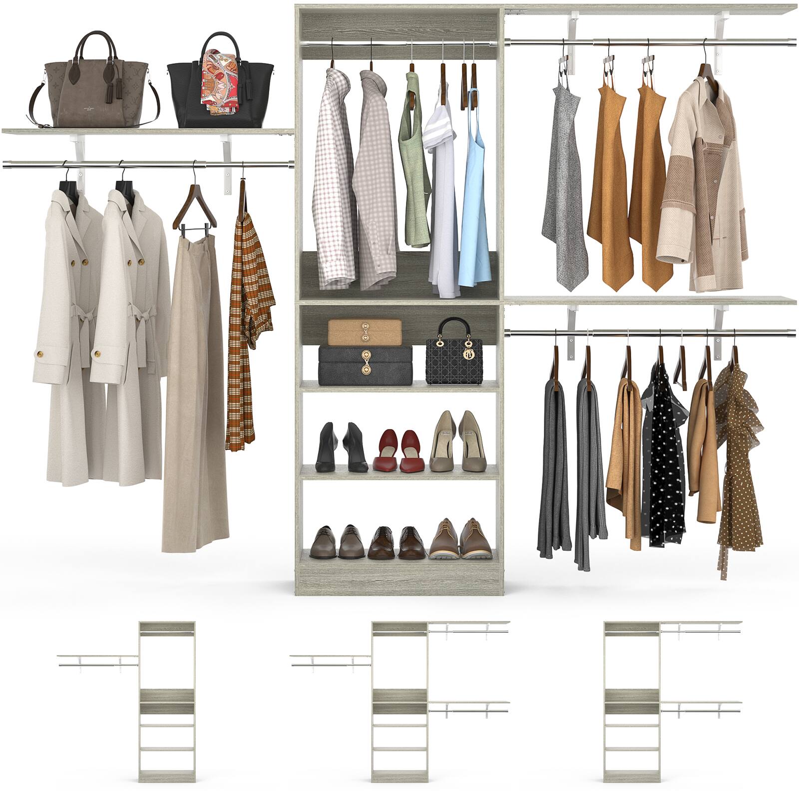 Alt View 4. Aheaplus - 8FT Wall Mounted Closet System, 96'' Closet Organizer with 3 Shelving Towers, 3 Hanging Rods and Shelves, Cut to Fit - Beige Oak.