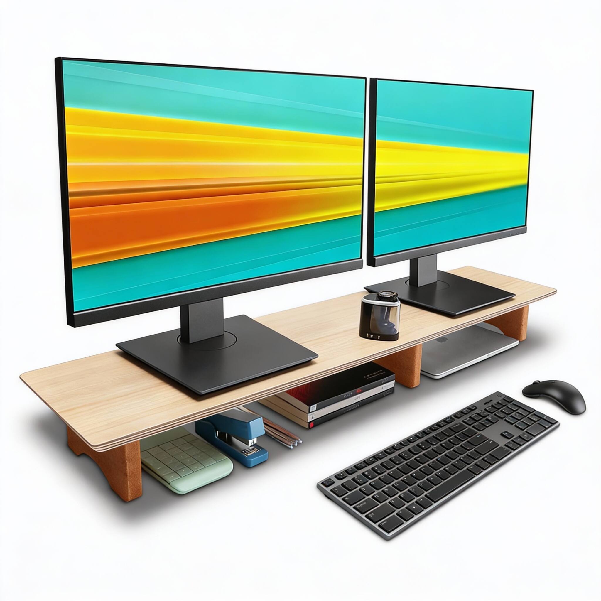 Front. Frangdom - Oak Dual Monitor Riser Solid Wood Shelf Cork Legs 42x9x4in - Oak Dual.