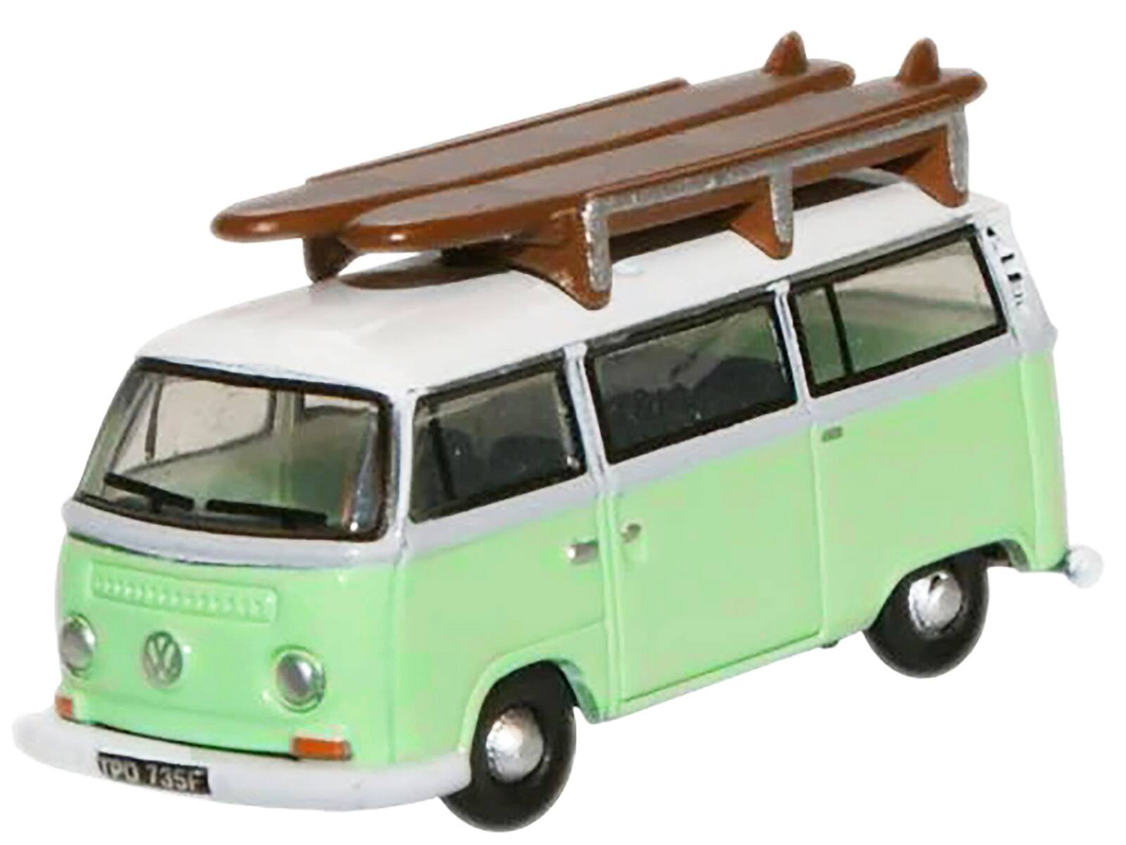 Angle. Oxford Diecast - Volkswagen T2 Minibus Light Green and White with Surfboard on Roof Rack 1/148 (N) Scale - Light Green and White.