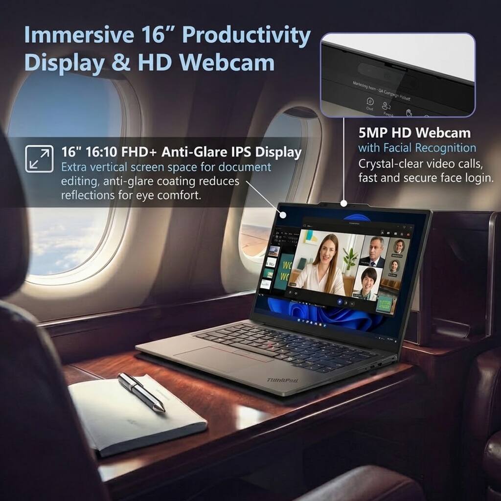 Immersive 16" Productivity Display & HD Webcam

16" 16:10 FHD+ Anti-Glare IPS Display
Extra vertical screen space for document editing, anti-glare coating reduces reflections for eye comfort.

5MP HD Webcam with Facial Recognition
Crystal-clear video calls, fast and secure face login.