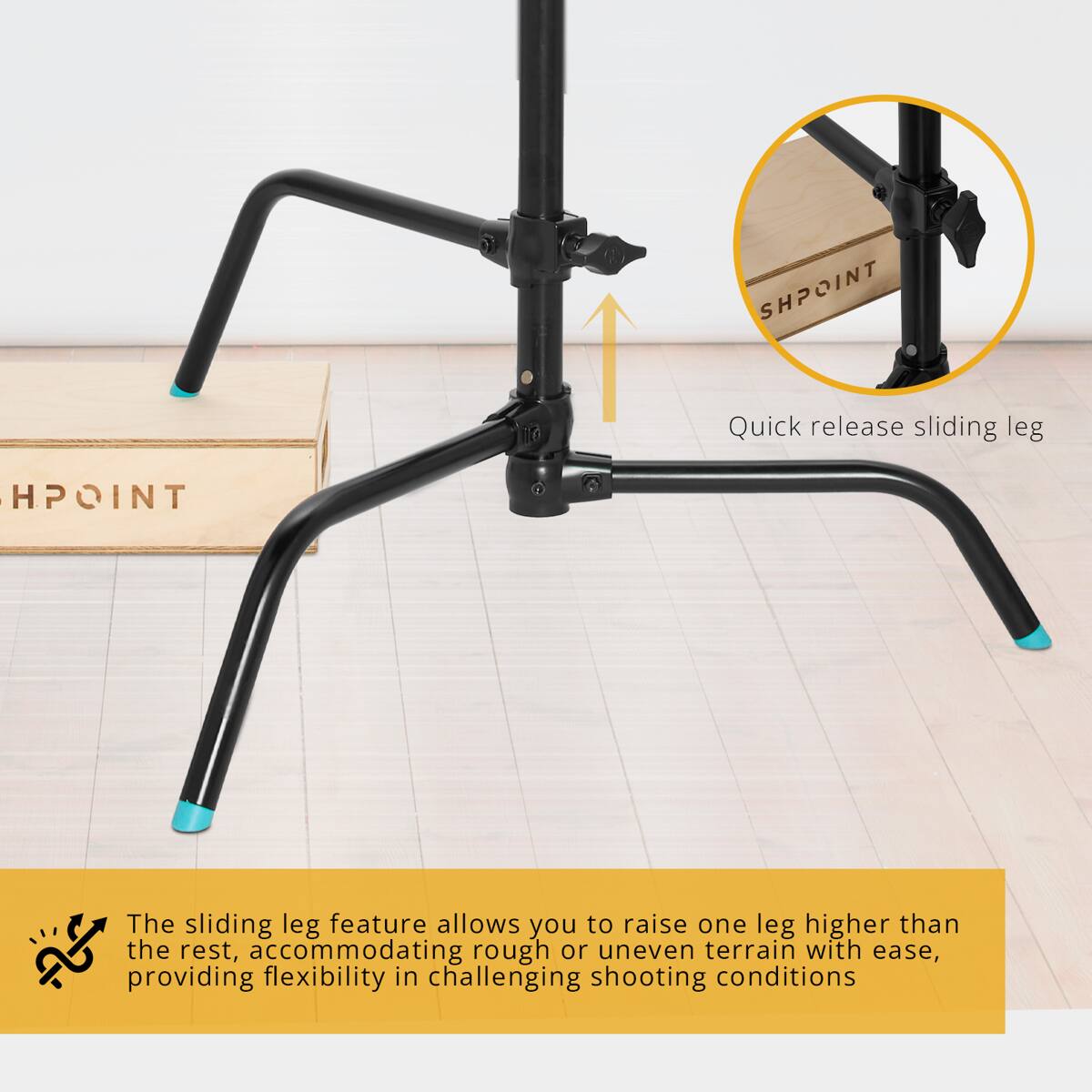 SHPOINT 10 Quick release sliding leg

The sliding leg feature allows you to raise one leg higher than the rest, accommodating rough or uneven terrain with ease, providing flexibility in challenging shooting conditions