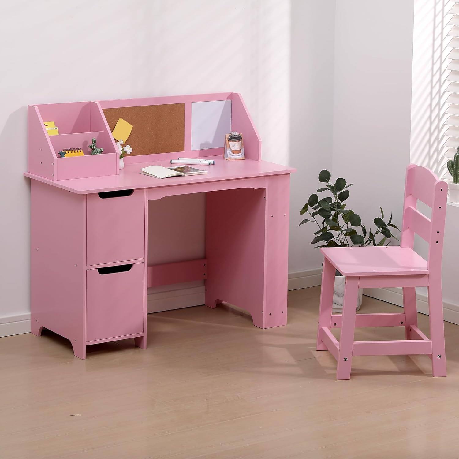 Back. GARVEE - Kids Study Desk and Chair Set, Wooden School Learning Table with Storage, Children Computer Desk with Chair - Pink.