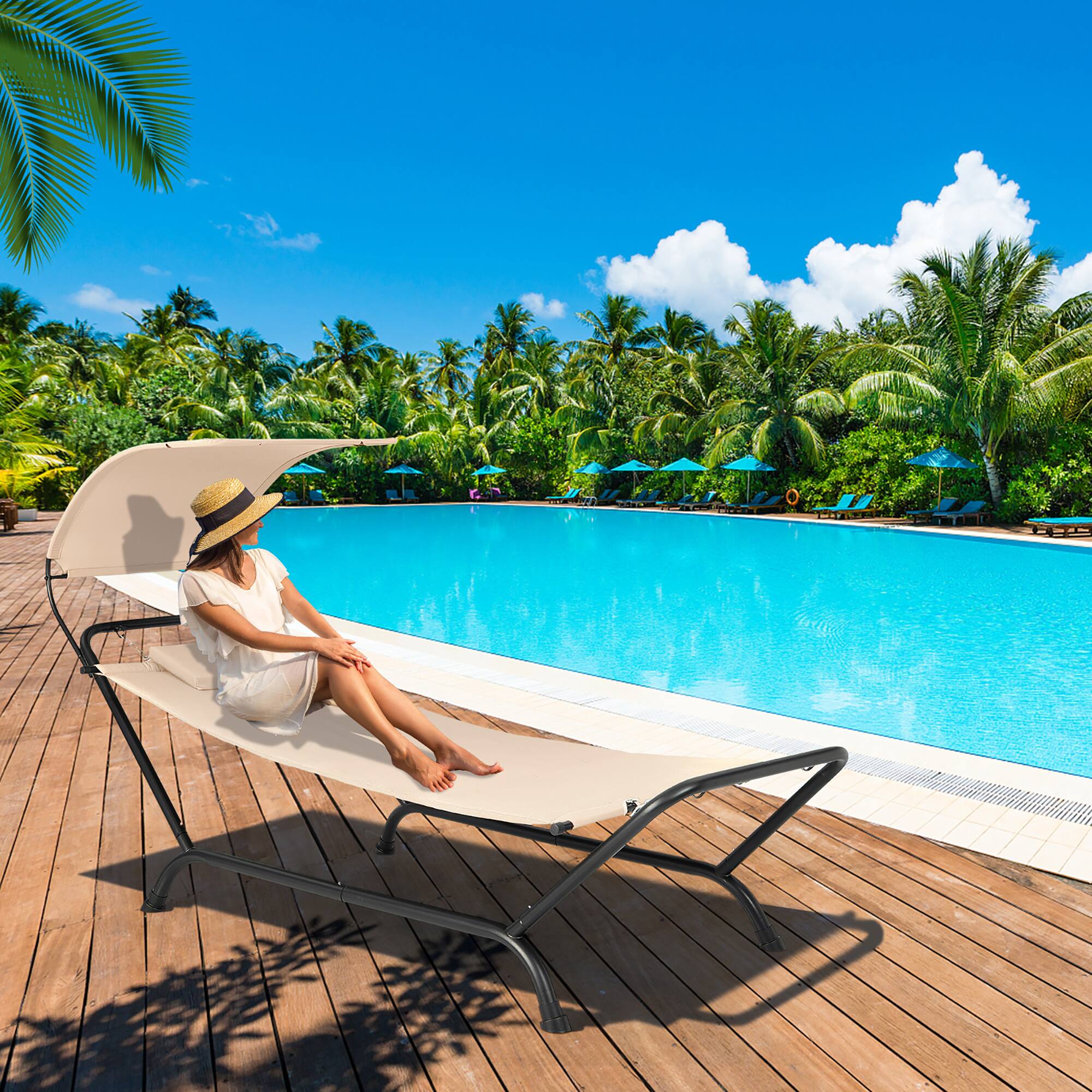 Alt View 1. Gymax - Gymax Chaise Lounge Bed w/ Detachable Sunshade Canopy Hammock w/ Rustproof Metal Stand Beige - Beige.
