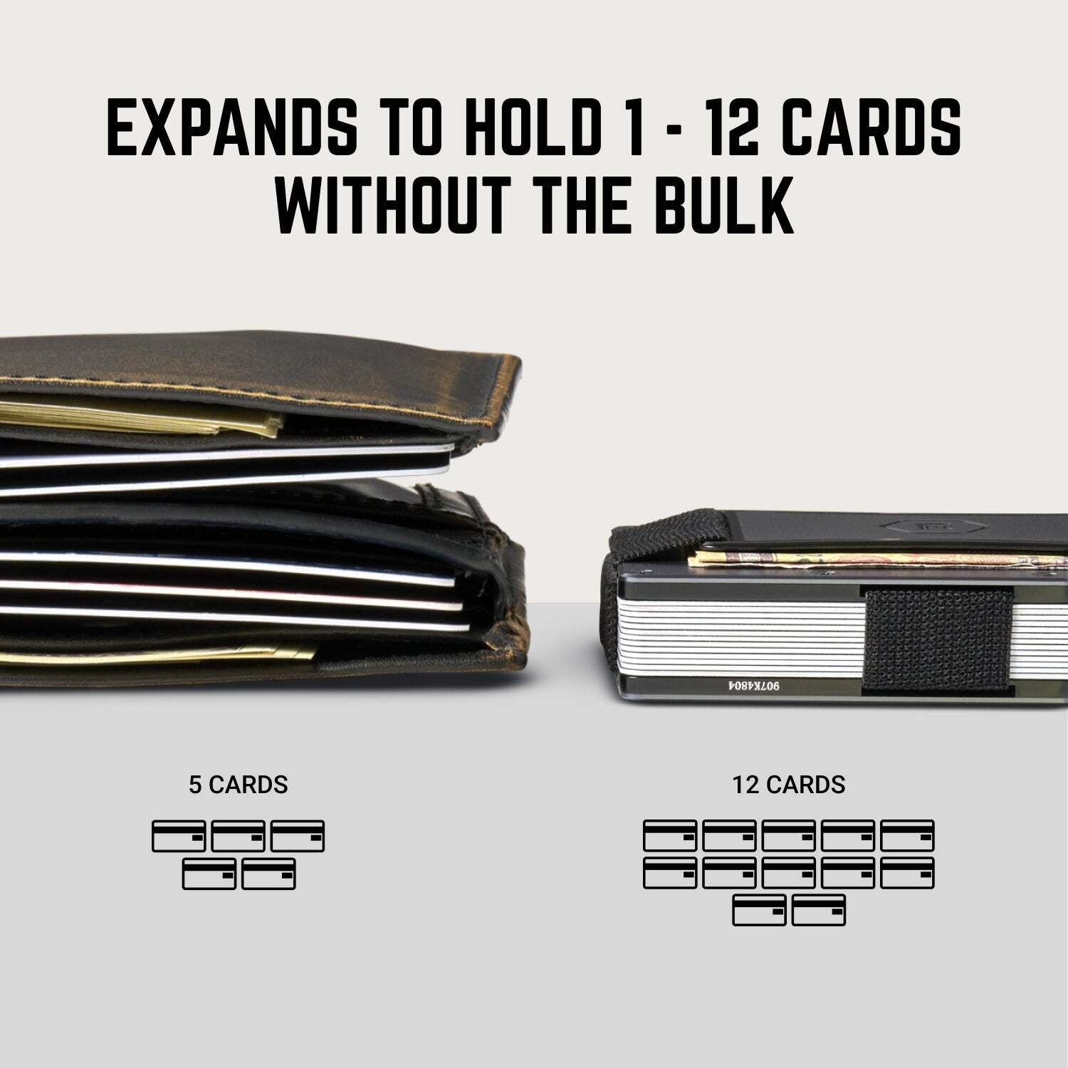 EXPANDS TO HOLD 1 - 12 CARDS WITHOUT THE BULK

5 CARDS

12 CARDS