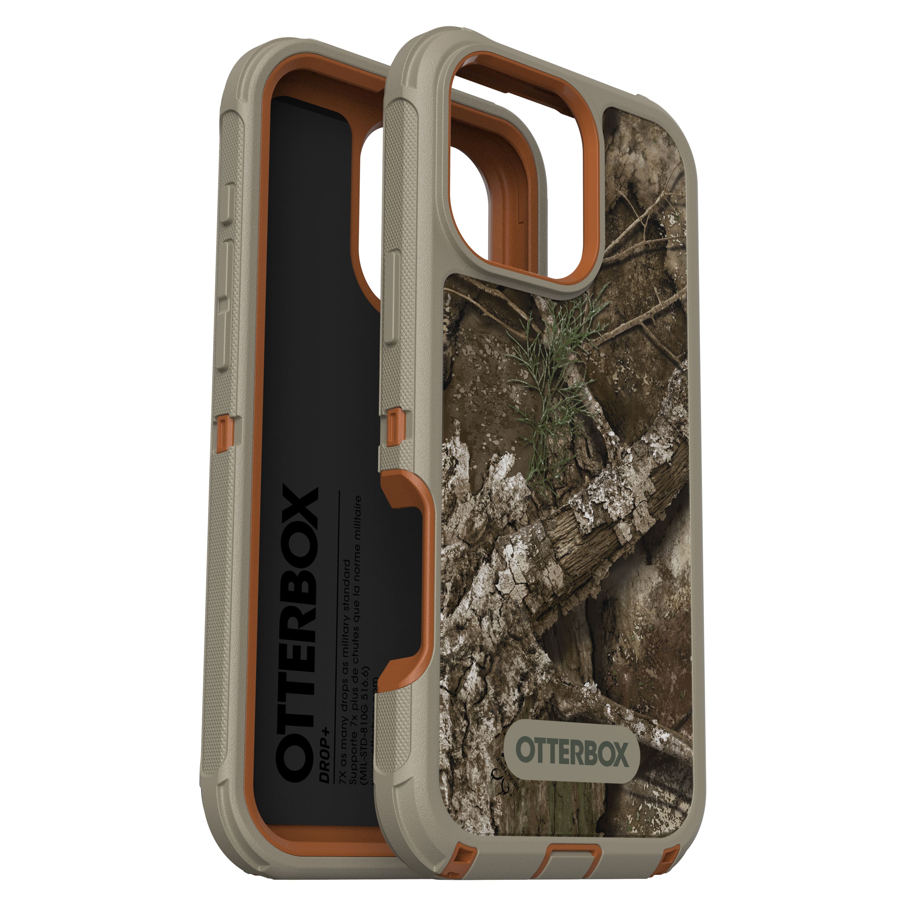 The text on the image is a description of the Otterbox case for a cell phone. It reads: "Otterbox Drop+ military-grade protection for your cell phone. Designed to withstand drops, bumps, and impacts. Meets MIL-STD-810G testing standards. Protects your device from damage. Available in a camouflage pattern."