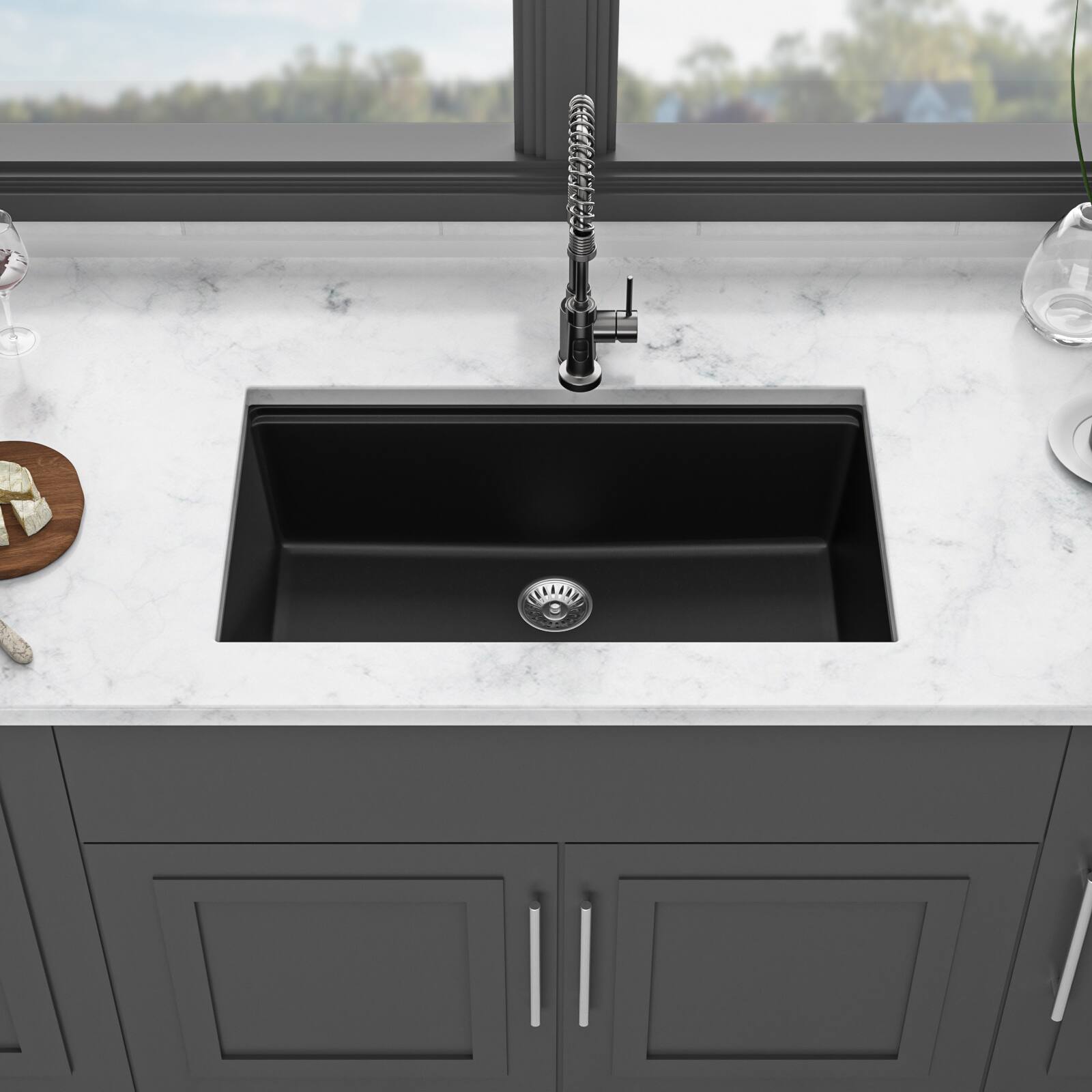 Alt View 1. Siljoy - Quartz Kitchen Sink - 33"x19"x9.65" Black granite composite Workstation undermount kitchen sink - Black.