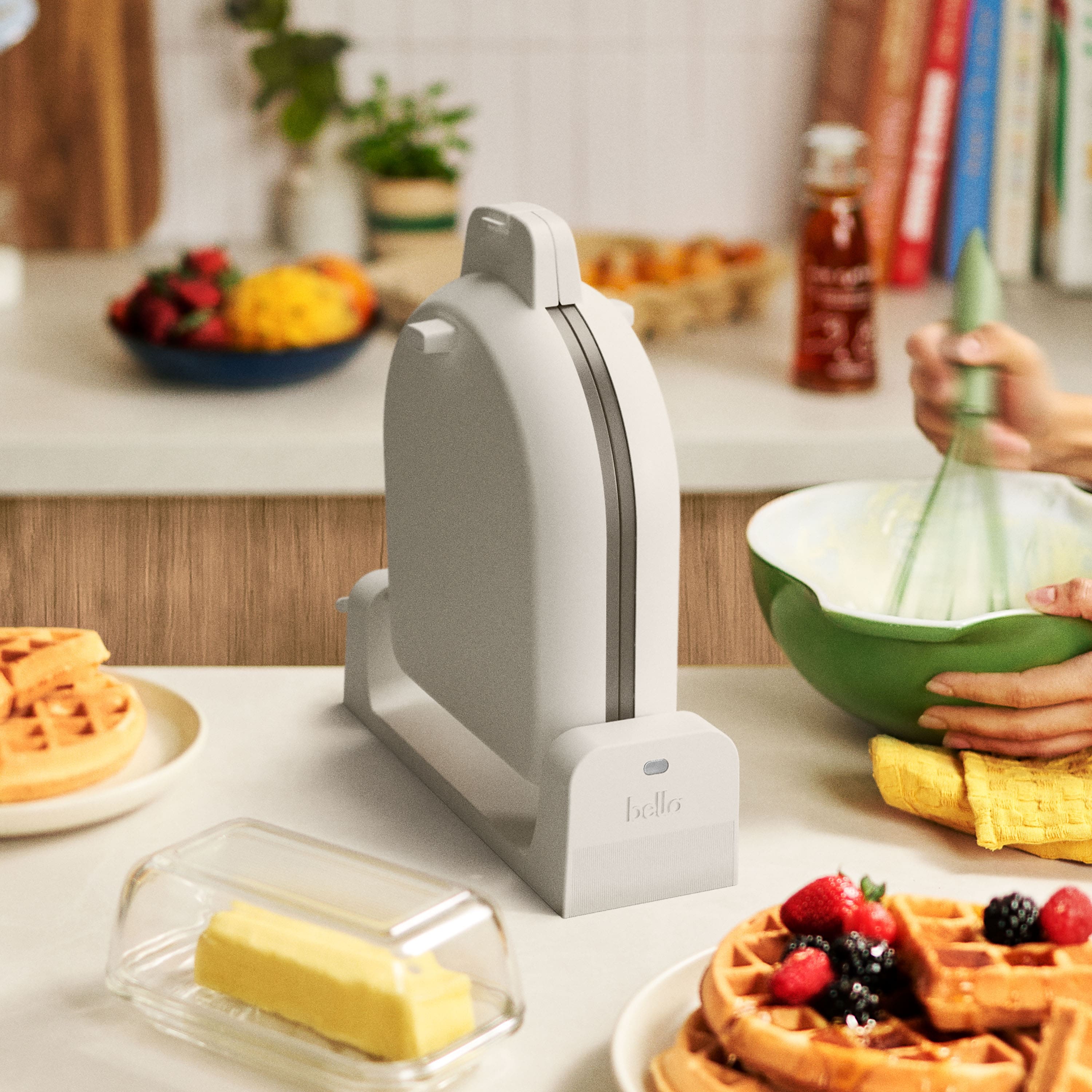 Alt View 10. Bella - Fits-anywhere Kitchenware: Flip & Store Belgian Waffle Maker - Oatmilk.