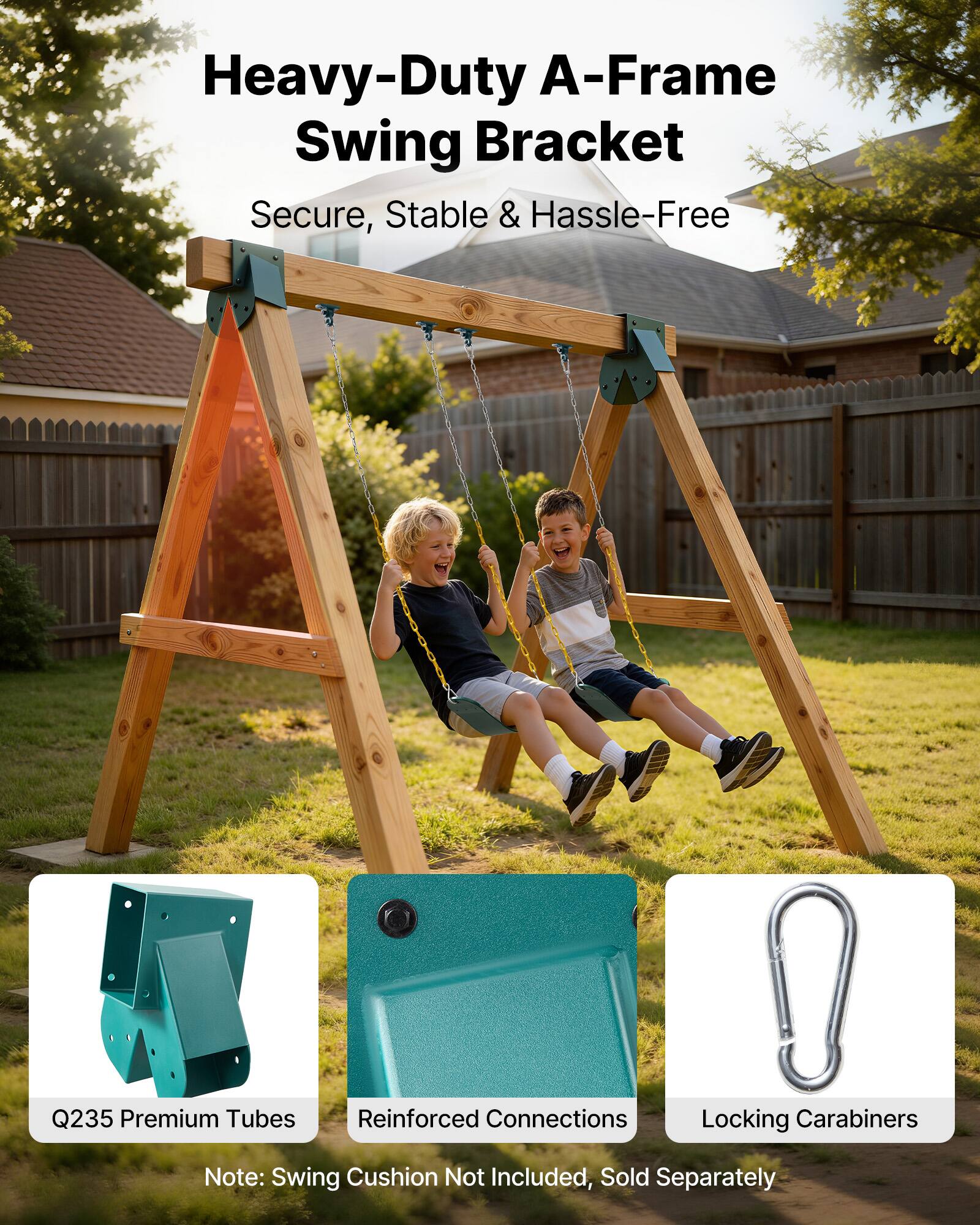 Heavy-Duty A-Frame Swing Bracket  
Secure, Stable & Hassle-Free  

Q235 Premium Tubes  
Reinforced Connections  
Locking Carabiners  

Note: Swing Cushion Not Included, Sold Separately