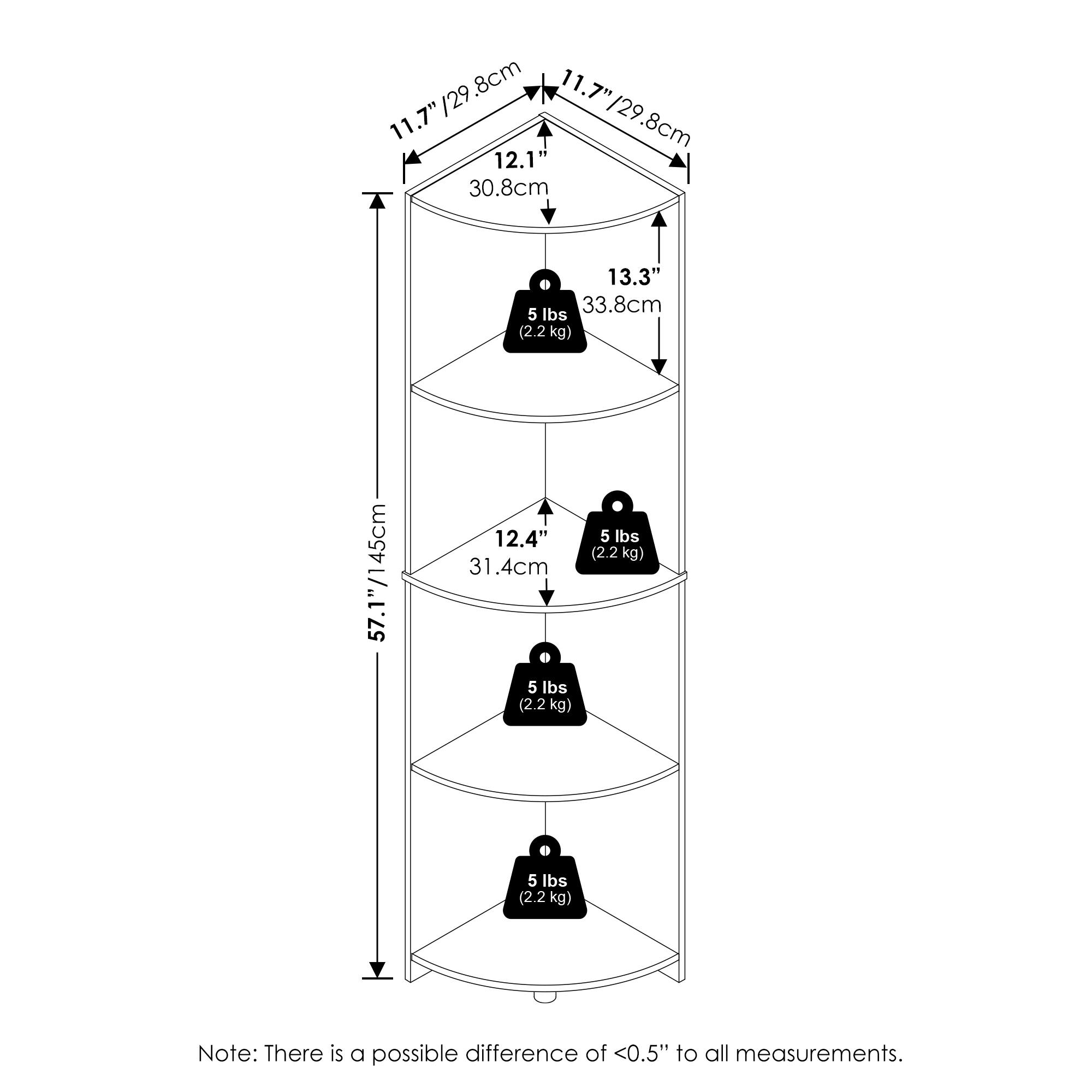11.7" / 29.8cm  
12.1" / 30.8cm  
13.3" / 33.8cm  
5 lbs (2.2 kg)  
12.4" / 31.4cm  
5 lbs (2.2 kg)  
57.1" / 145cm  
5 lbs (2.2 kg)  

Note: There is a possible difference of <0.5" to all measurements.