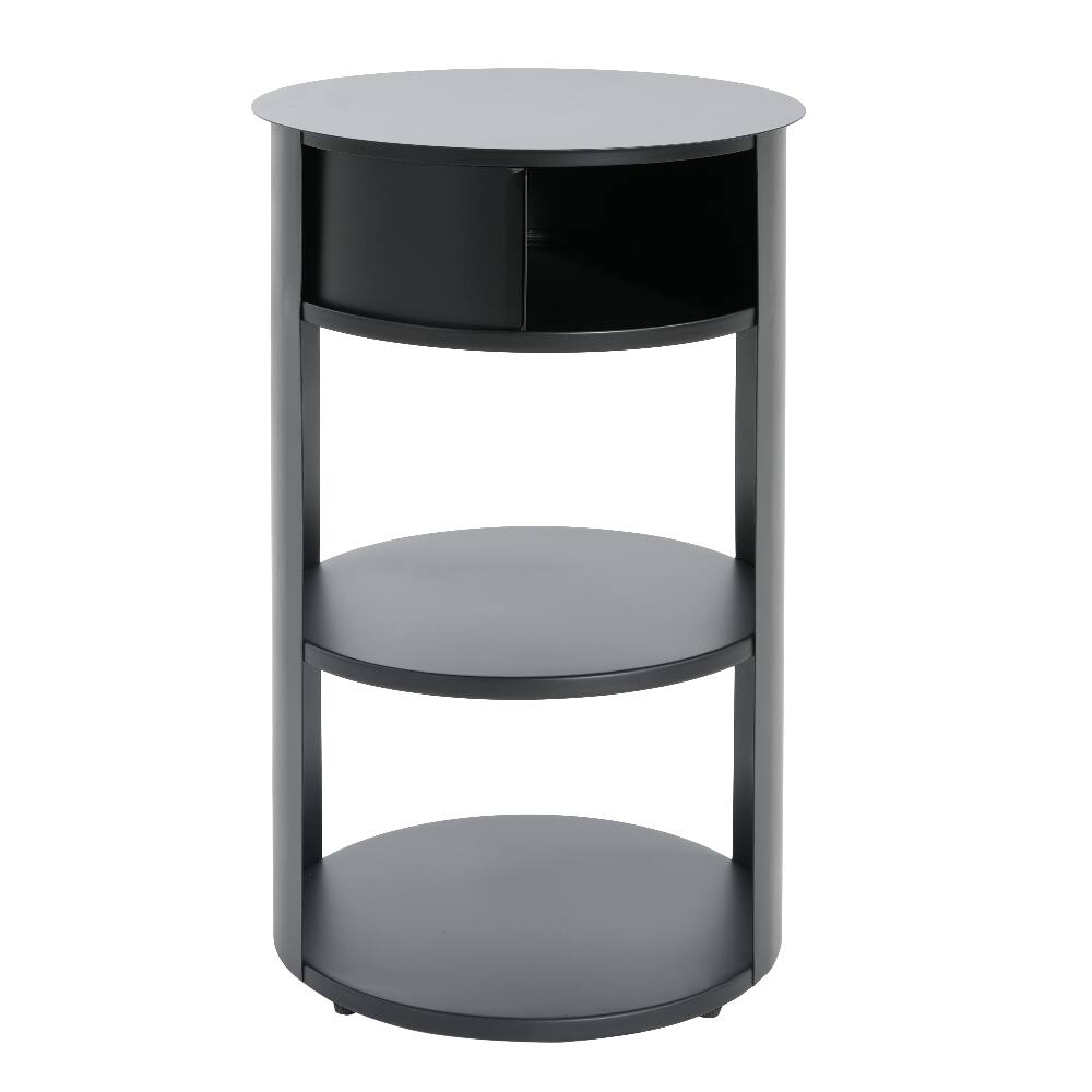 Back. Loheer - Loheer Round Side Table 3-Tier Metal End Table with Sliding Door Cabinet Matte Black Nightstand for Small Spaces - Black.