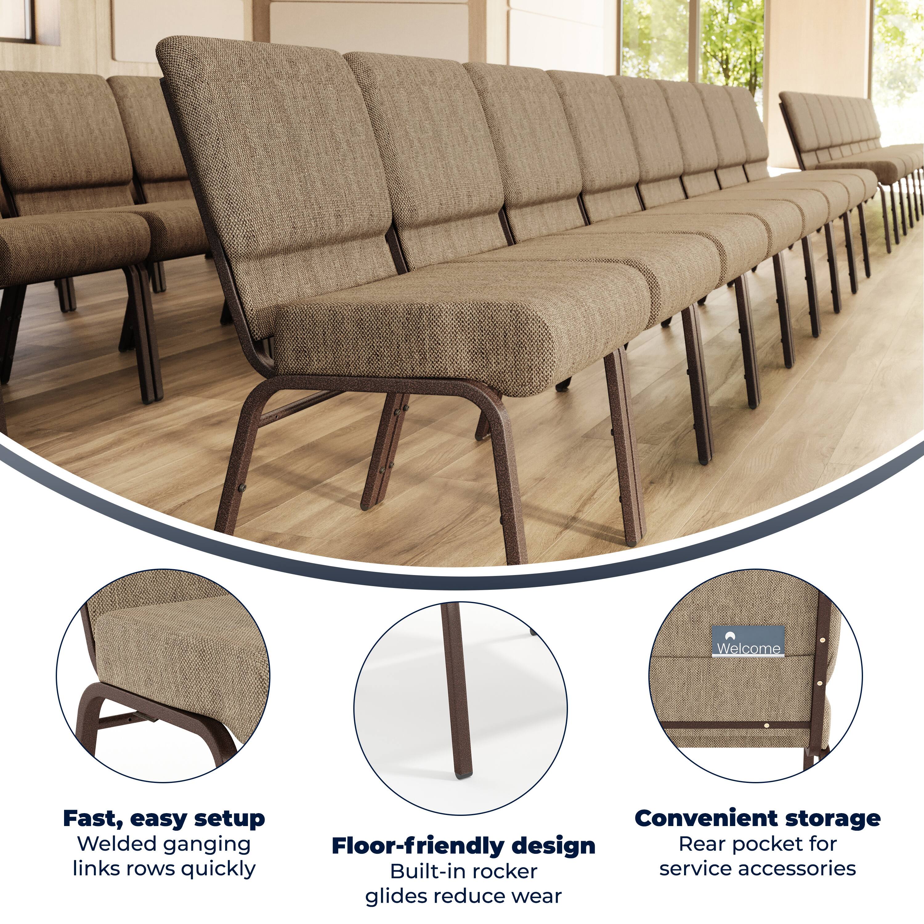 Welcome

Fast, easy setup  
Welded ganging links rows quickly

Convenient storage  
Rear pocket for service accessories

Floor-friendly design  
Built-in rocker glides reduce wear