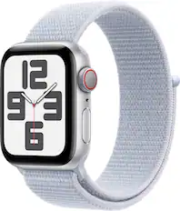 Angle. Apple - Apple Watch SE 2nd Generation (GPS+Cellular) 40mm Aluminum Case with Blue Cloud Sport Loop - Silver.