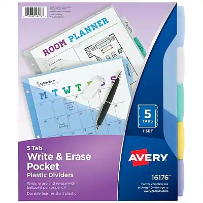 **AVERY 16176**
**5 Tab Write & Erase Pocket Plastic Dividers**
- Write, erase, and re-use with ballpoint pen or pencil
- Durable tear-resistant plastic
**ROOM PLANNER**
**September**
**MTWT S**
**5 TABS 1 SET**
For the complete line of Avery Dividers go to avery.com/dividers