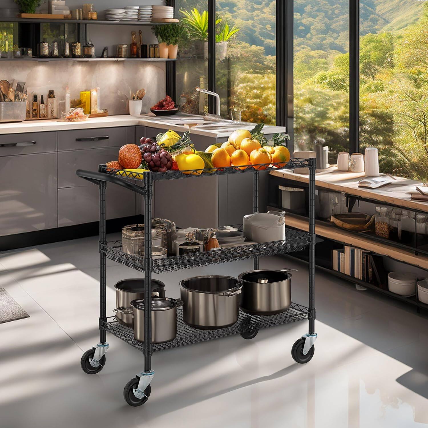 Alt View 3. Finnhomy - Finnhomy 3-Tier Heavy Duty Commercial Utility Cart – NSF Listed Black Steel Rolling Cart with Locking Wheels - Black.