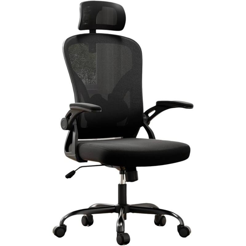HTUTWOO - Ergonomic Office Chair with Adjustable Lumbar Support & Headrest, Space-Saving Flip-Up Armrests for Home Office,Gaming - Black