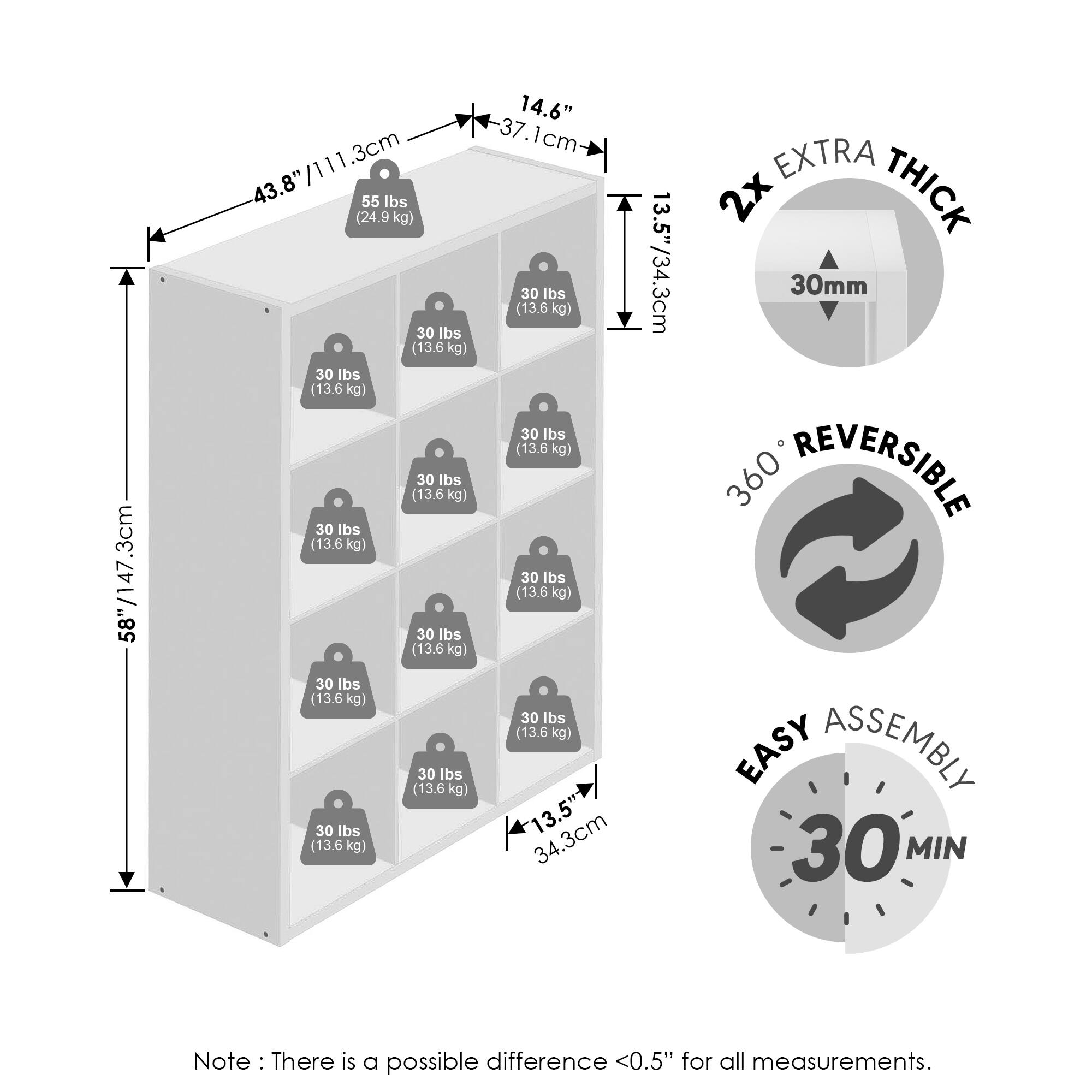 58"/147.3cm  
14.6" / 37.1cm  
43.8"/111.3cm  
43.8"  
55 lbs (24.9 kg)  
30 lbs (13.6 kg)  
30 lbs (13.6 kg)  
30 lbs (13.6 kg)  
30 lbs (13.6 kg)  
30 lbs (13.6 kg)  
30 lbs (13.6 kg)  
30 lbs (13.6 kg)  
30 lbs (13.6 kg)  
30 lbs (13.6 kg)  
30 lbs (13.6 kg)  
30 lbs (13.6 kg)  
13.5"/34.3cm  
EXTRA 2x THICK 30mm  
360 REVERSIBLE  
EASY ASSEMBLY 30 MIN  
Note: There is a possible difference <0.5" for all measurements.