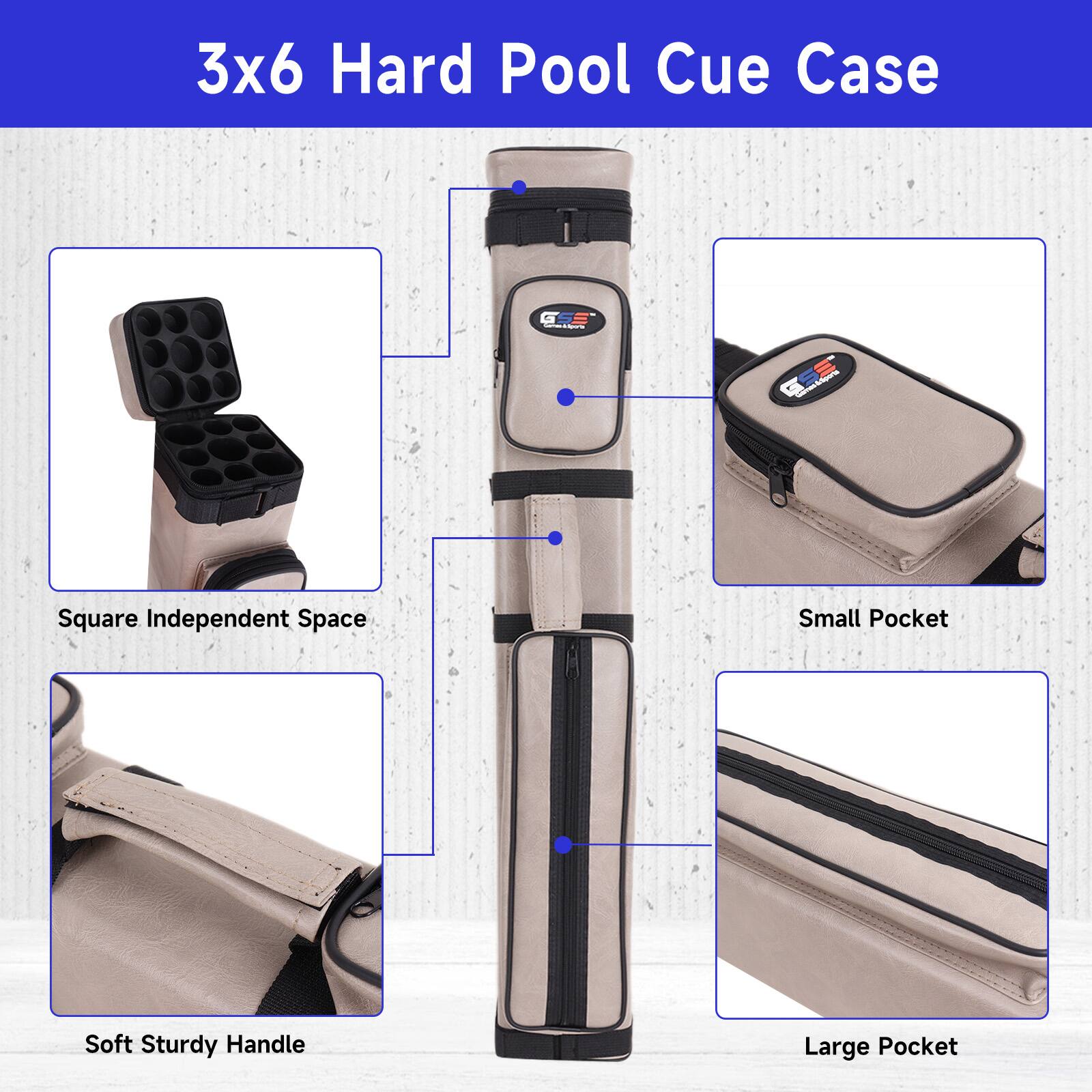3x6 Hard Pool Cue Case - Square Independent Space, Small Pocket, Soft Sturdy Handle, Large Pocket