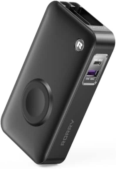 RORRY - 10000mAh 30W Portable Charger with Retractable USB-C & iOS Cables, Power Bank for iPhone, Apple Watch & iPad - Black