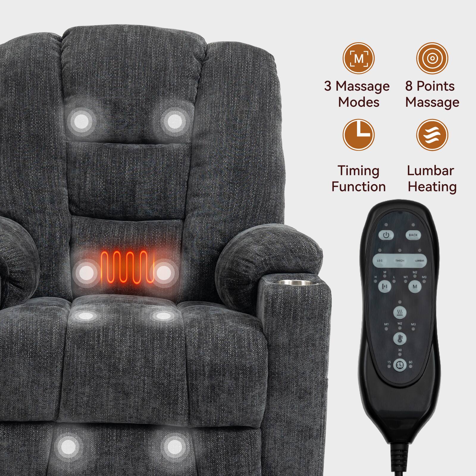 3 Massage Modes  
8 Points Massage  
Timing Function  
Lumbar Heating