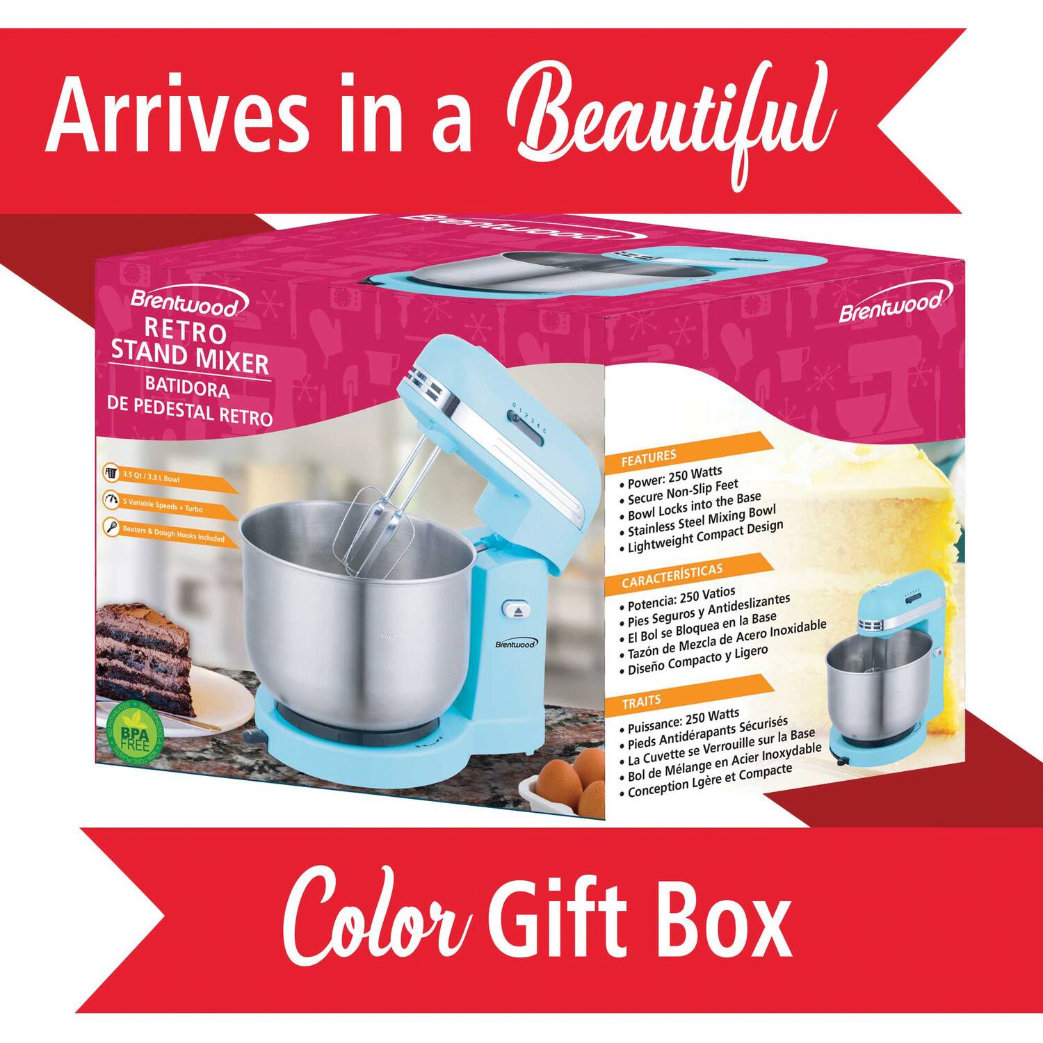 Arrives in a Beautiful Brentwood RETRO STAND MIXER BATIDORA DE PEDESTAL RETRO 33-06/3.3

- 250 Watts Power
- Secure Non-Slip Feet
- Bowl Locks into Mixing Bowl
- Stainless Steel Mixing Bowl
- Lightweight Compact Design

FEATURES:
- Power: 250 Watts
- Secure Non-Slip Feet
- Bowl Locks into Mixing Bowl
- Stainless Steel Mixing Bowl
- Lightweight Compact Design

CARACTERÍSTICAS:
- Potencia: 250 Vatios
- Pies Antideslizantes Seguros
- El Bol se Bloquea en la Base
- Tazón de Mezcla de Acero Inoxidable
- Diseño Ligero y Compacto

TRAITS:
- Puissance: 250 Watts
- Pieds Antidrapants Scuriss
- La Cuvette se Verrouille sur la Base
- Bol de Mélange en Acier Inoxydable
- Conception Légère et Compacte

Color Gift Box