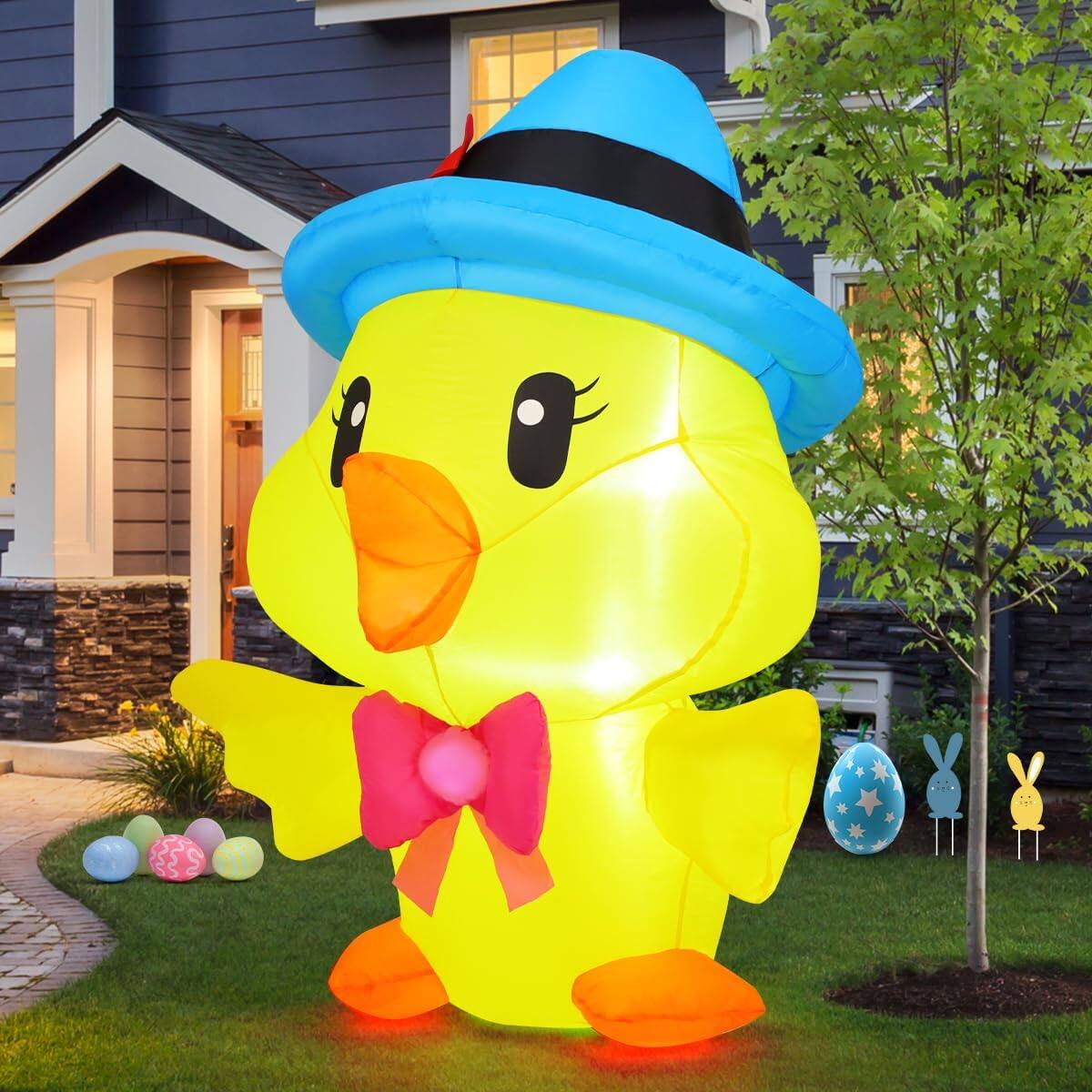 Back. GOOSH Inflatables - GOOSH 5.2 FT Easter Inflatables Chicken  with The Blue Hat with LED Lights - Yellow.