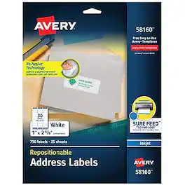Avery - Repositionable Inkjet Address Labels, 1" x 2-5/8", 750 Labels/Pack - Matte White