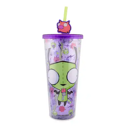 Front. Silver Buffalo - Invader Zim GIR Plastic Carnival Cup With Lid and Straw Topper | Holds 24 Ounces - Purple.