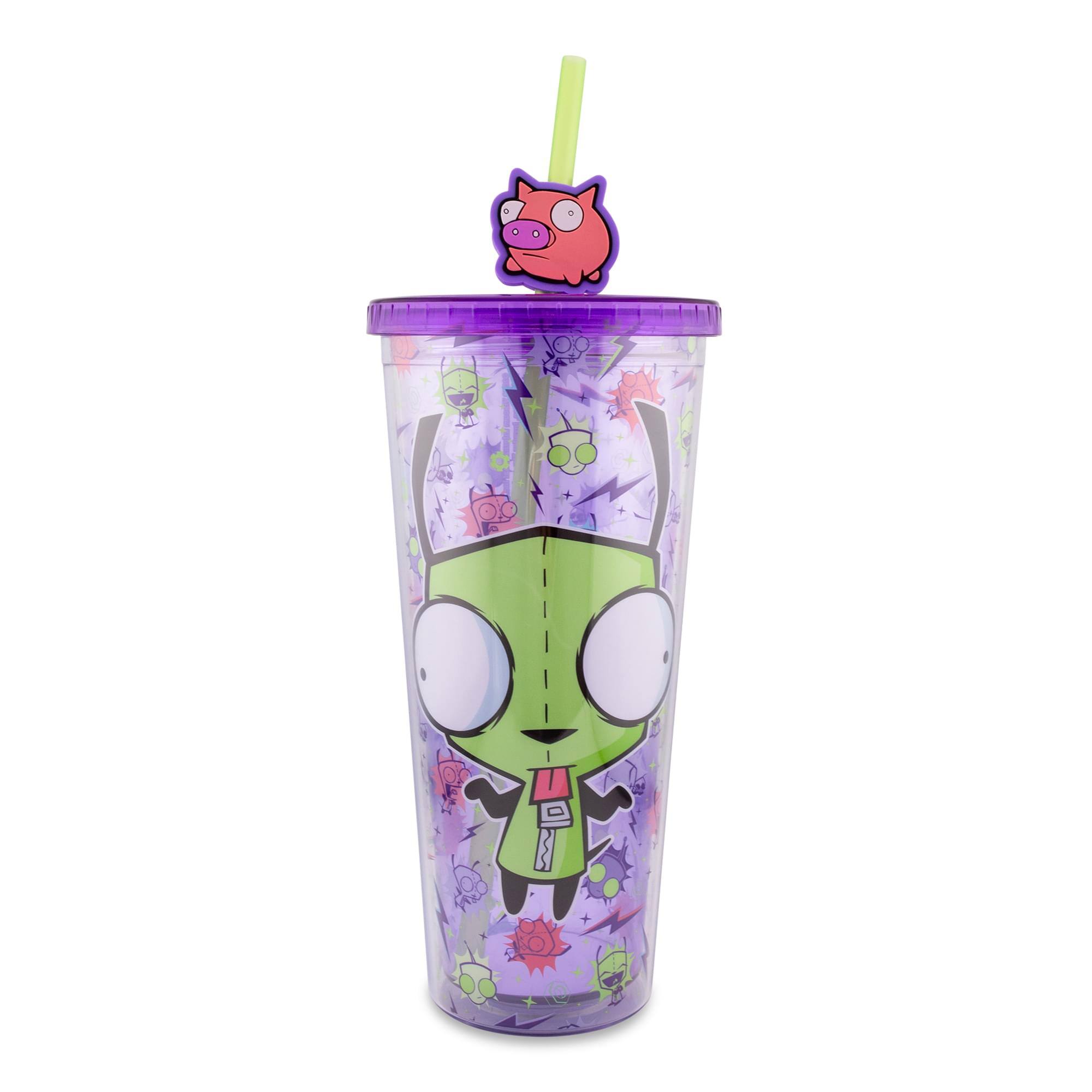 Front. Silver Buffalo - Invader Zim GIR Plastic Carnival Cup With Lid and Straw Topper | Holds 24 Ounces - Purple.