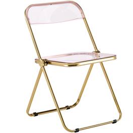 LeisureMod - Lawrence Clear Acrylic Folding Chair, Modern Gold Chrome Frame, Fully Assembled Portable Dining Seat - Rose Pink