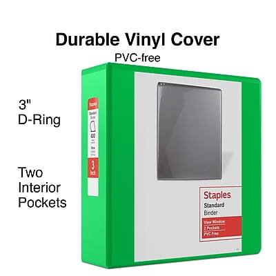 Durable Vinyl Cover  
PVC-free  

3" D-Ring  

Two Interior Pockets  

Staples  
Standard Binder  
View Window  
2 Pockets  
PVC Free