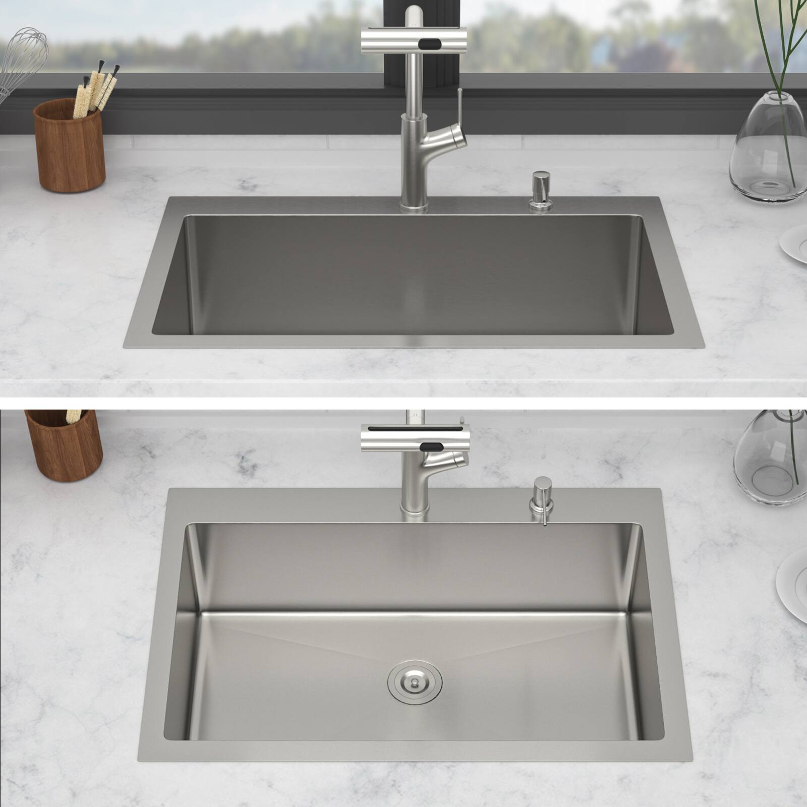 Back. Siljoy - 30" Drop-in Kitchen Sink with Pull-out Faucet and Soap Dispenser Single Bowl 16 Gauge Stainless Steel Topmount Basin - Brushed Nickel.
