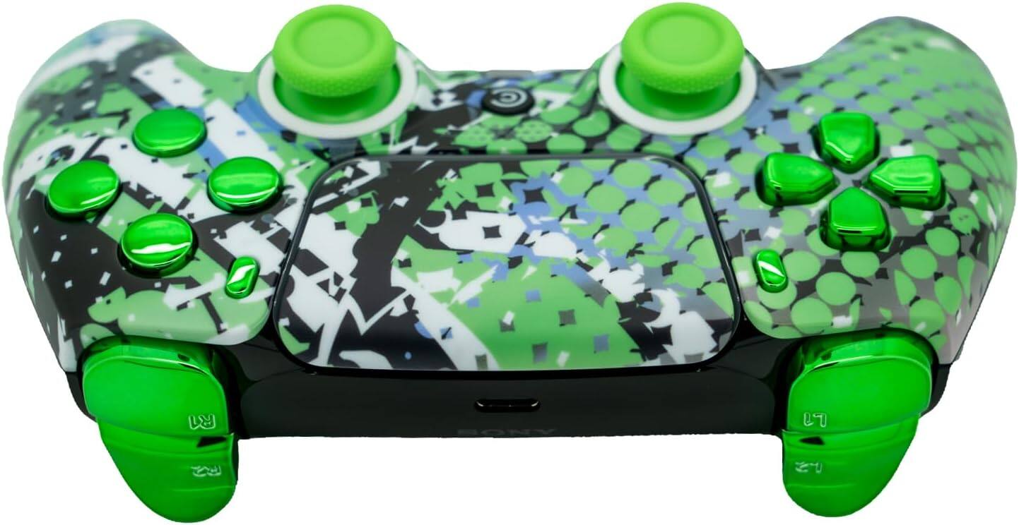 Back. Custom Controllerzz - Custom Wireless Controller for PS5 - Swamp Fade & Green Chrome Inserts.