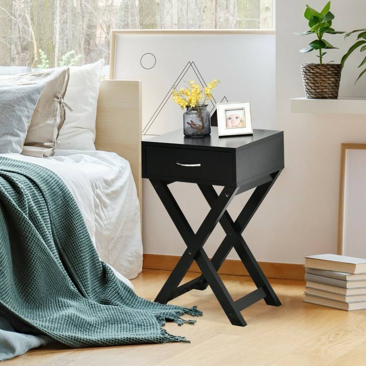 Left. SlickBlue - End Table with Storage Drawer and X-Frame Design for Bedroom or Living Room - Black.