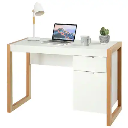 Front. Kadyn - Modern Computer Desk Study Table Writing Workstation with Cabinet and Drawer-White, Home Office Desks, Computer Desks - White.